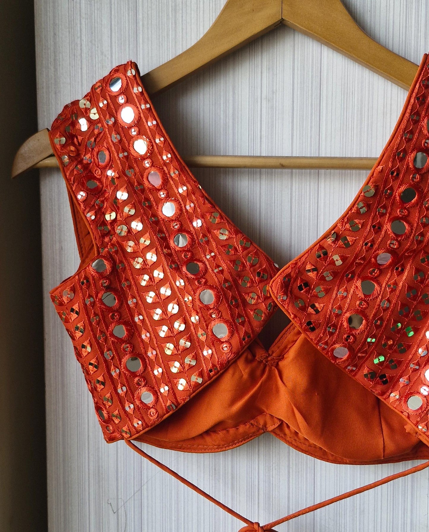 Burnt Orange Embroidered Georgette Saree Blouse, Cap Sleeves Sweetheart Neck DVBL_485