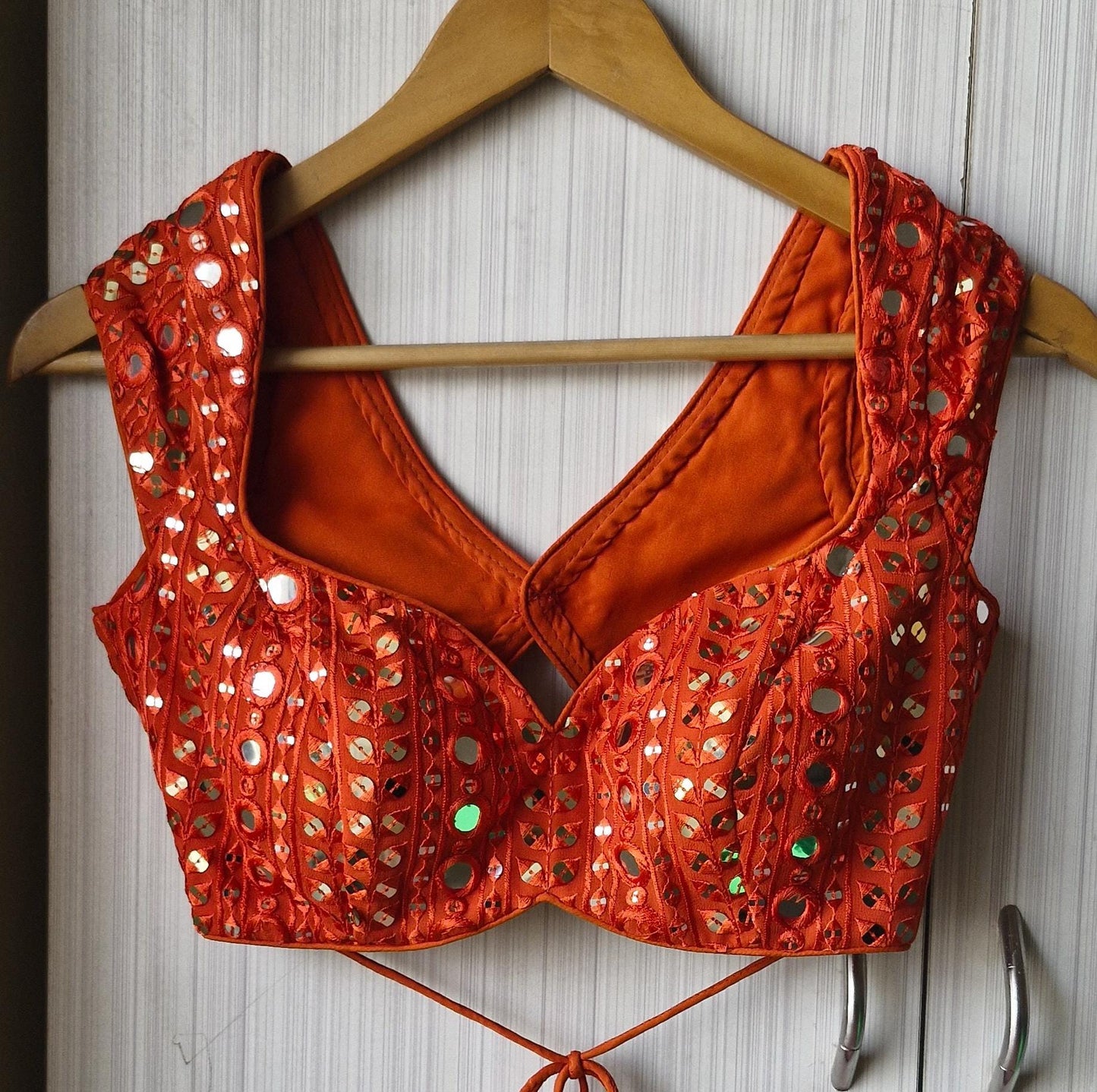 Burnt Orange Embroidered Georgette Saree Blouse, Cap Sleeves Sweetheart Neck DVBL_485