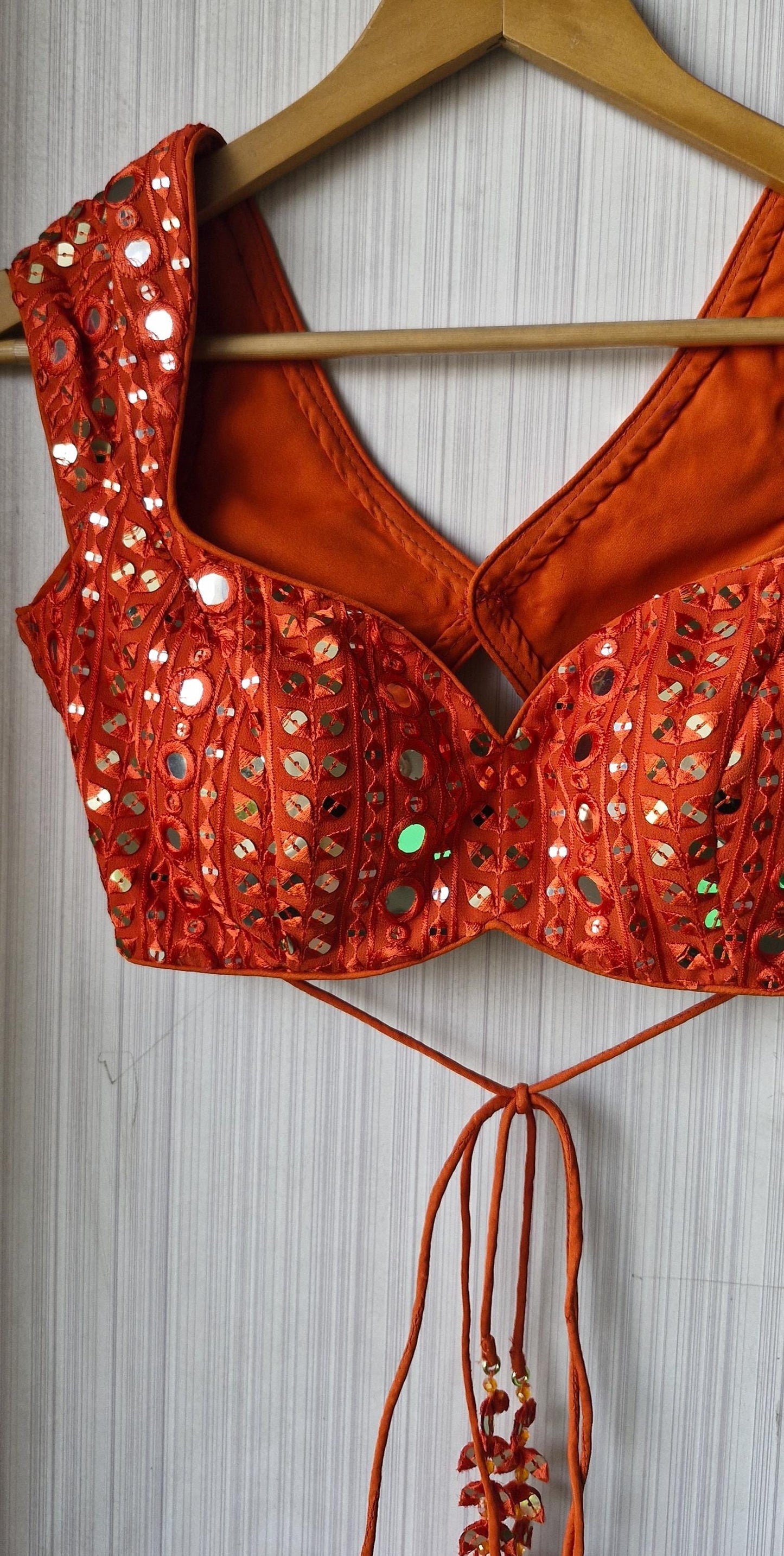 Burnt Orange Embroidered Georgette Saree Blouse, Cap Sleeves Sweetheart Neck DVBL_485