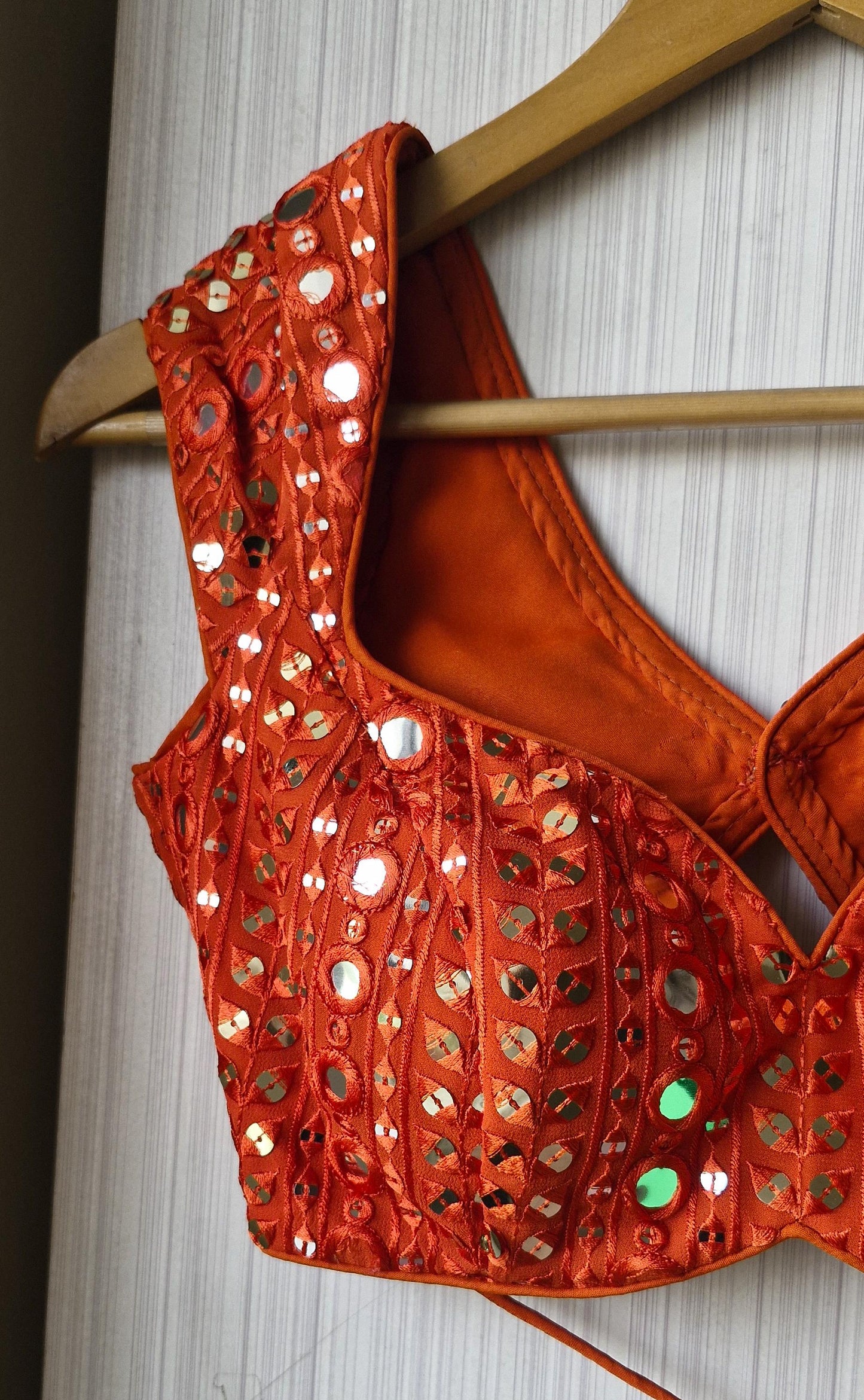 Burnt Orange Embroidered Georgette Saree Blouse, Cap Sleeves Sweetheart Neck DVBL_485