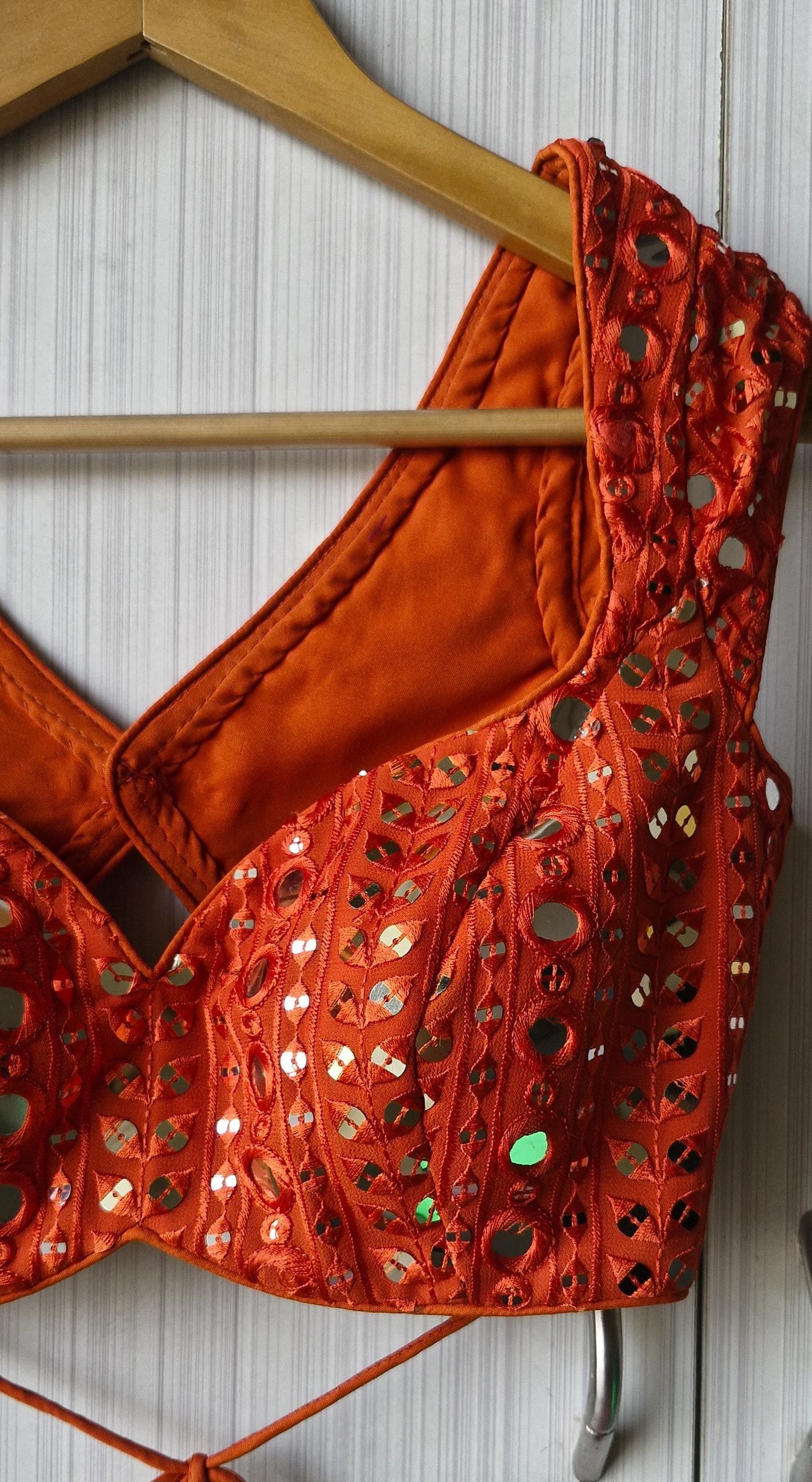 Burnt Orange Embroidered Georgette Saree Blouse, Cap Sleeves Sweetheart Neck DVBL_485