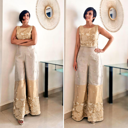 Gold Silver Embroidered Tissue Silk Pants, Top Co-ord Set DVCW_004