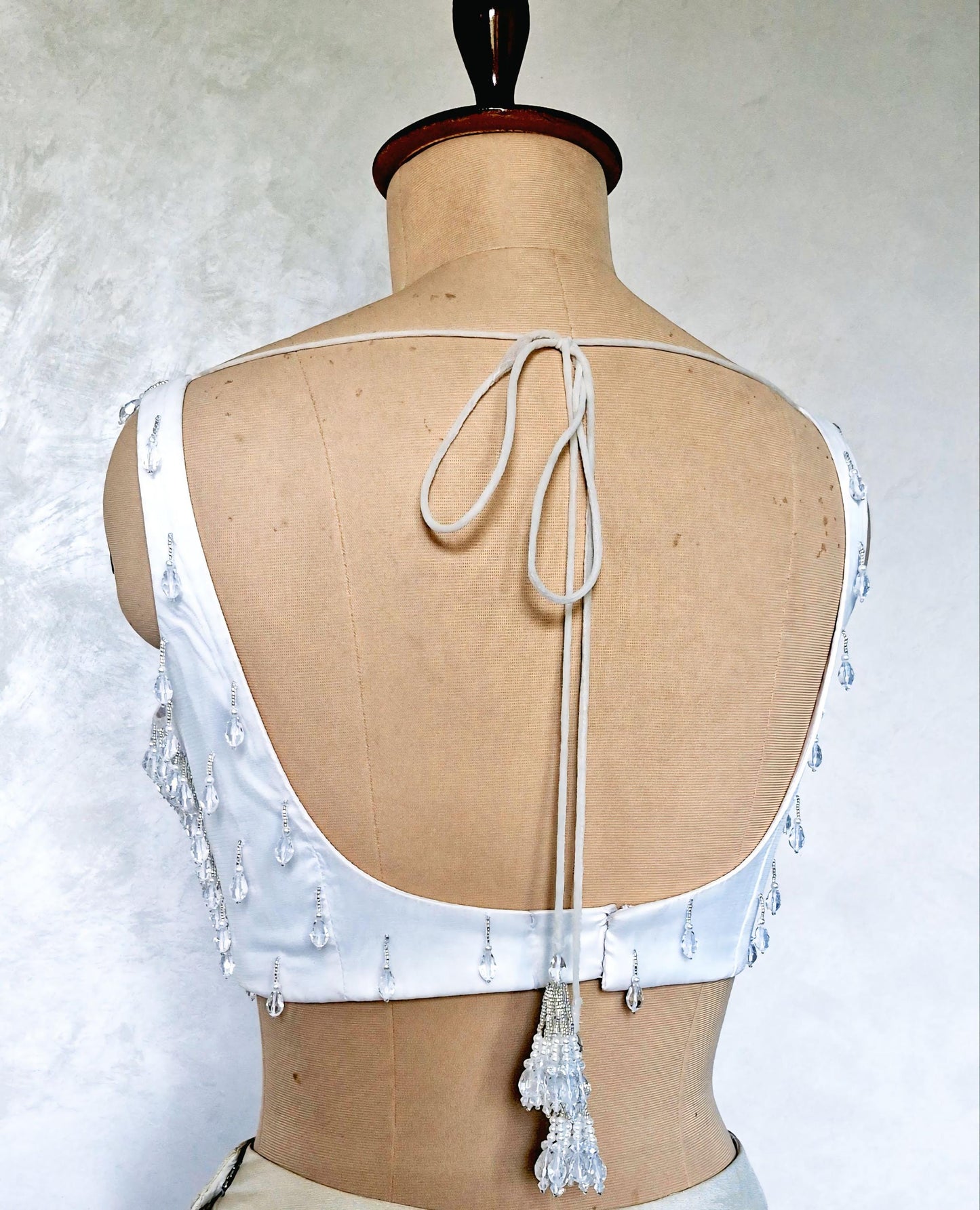 Hand Embroidered White Blouse, Hanging Beads Embellishment, Deep Sweetheart Neck DVBL_486
