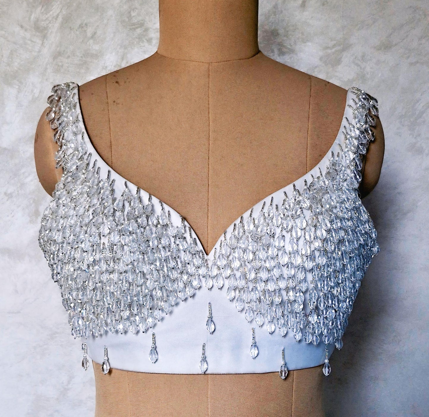 Hand Embroidered White Blouse, Hanging Beads Embellishment, Deep Sweetheart Neck DVBL_486