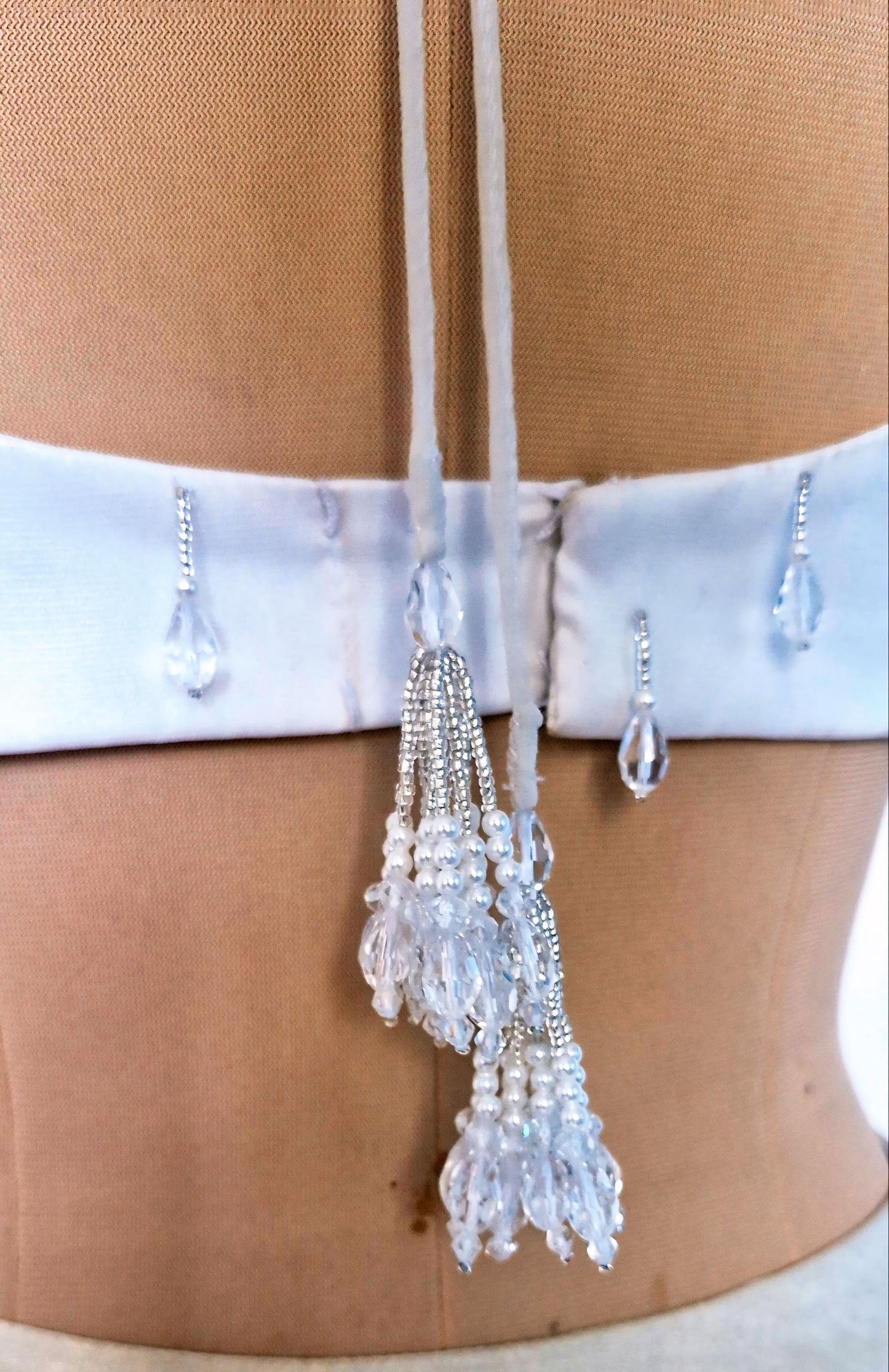 Hand Embroidered White Blouse, Hanging Beads Embellishment, Deep Sweetheart Neck DVBL_486
