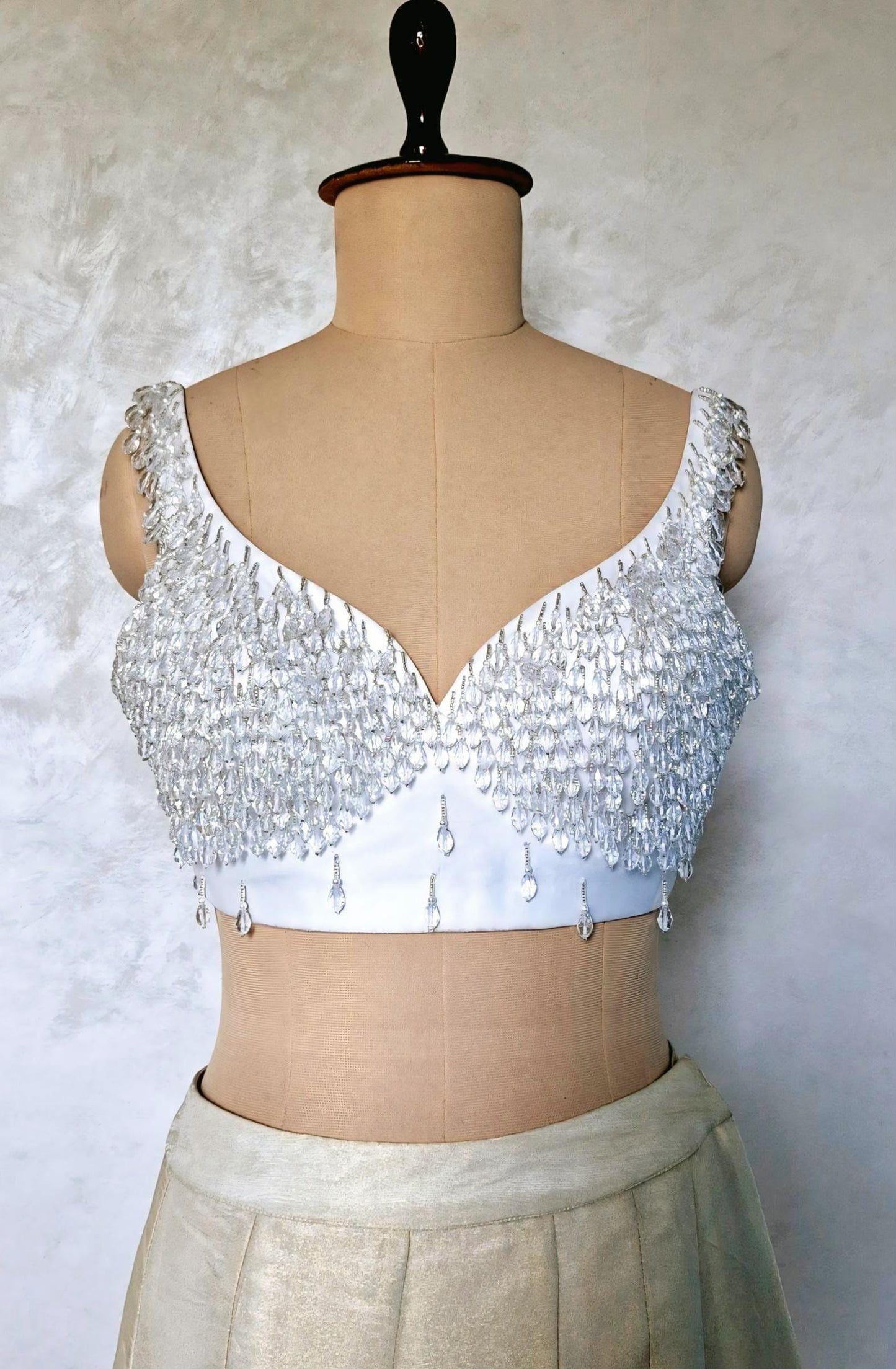 Hand Embroidered White Blouse, Hanging Beads Embellishment, Deep Sweetheart Neck DVBL_486