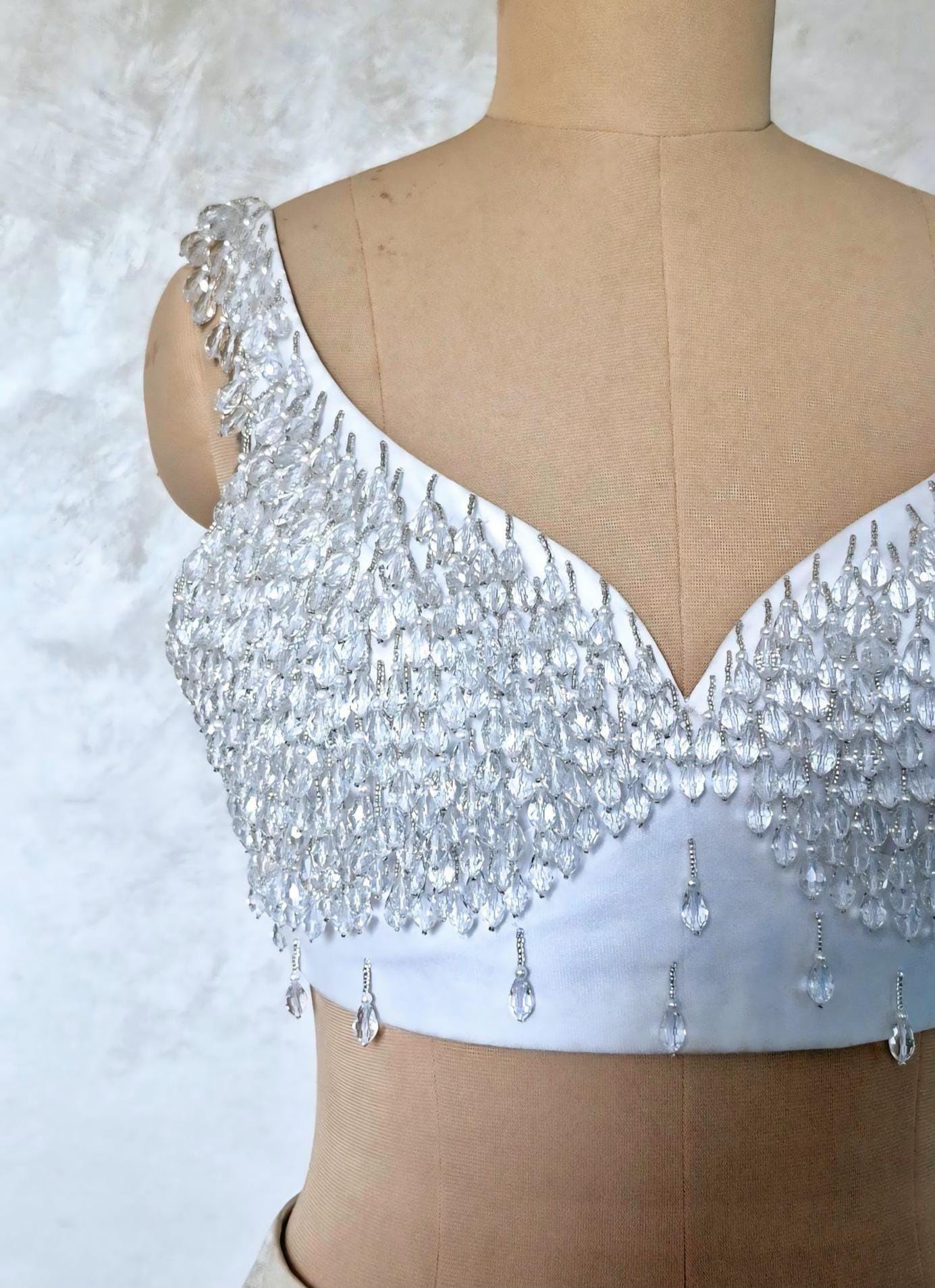 Hand Embroidered White Blouse, Hanging Beads Embellishment, Deep Sweetheart Neck DVBL_486