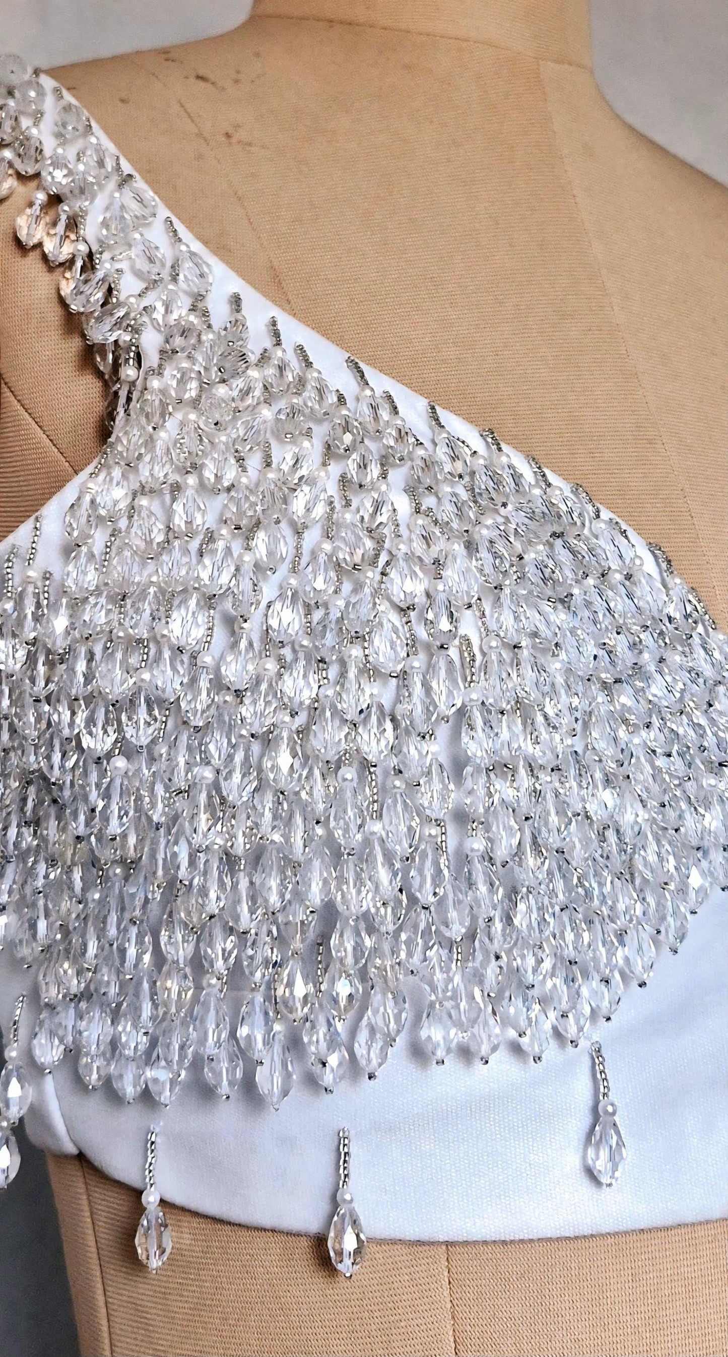 Hand Embroidered White Blouse, Hanging Beads Embellishment, Deep Sweetheart Neck DVBL_486