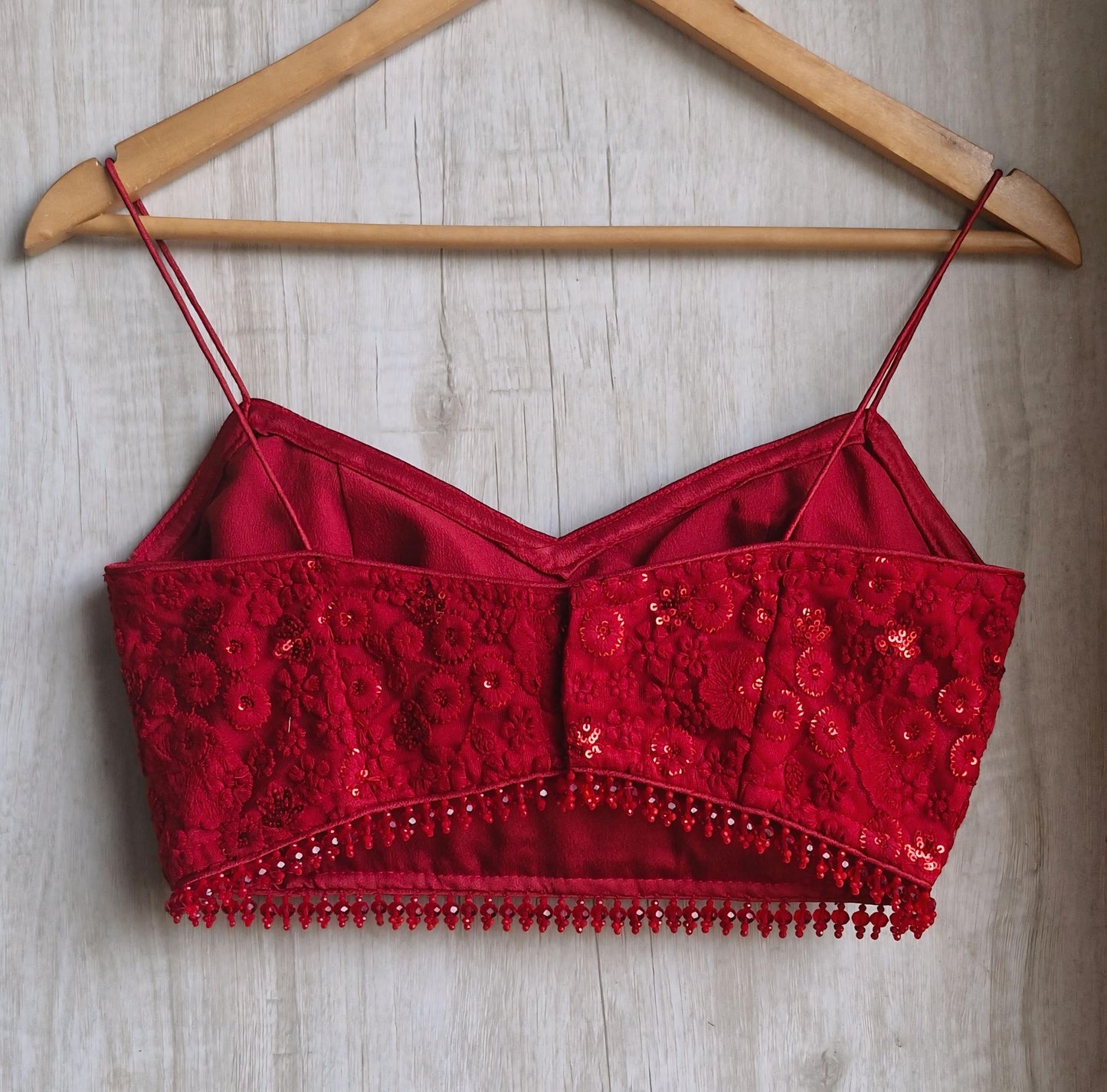 Deep Red Embroidered Net Spaghetti Saree Blouse DVBL_487