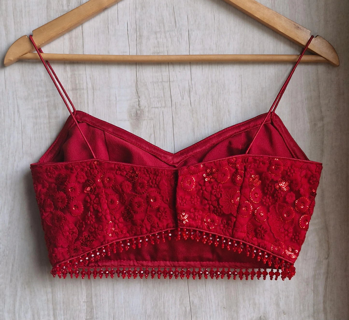 Deep Red Embroidered Net Spaghetti Saree Blouse DVBL_487