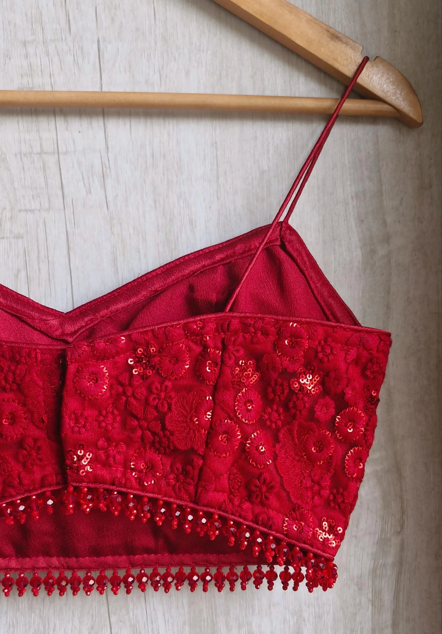 Deep Red Embroidered Net Spaghetti Saree Blouse DVBL_487