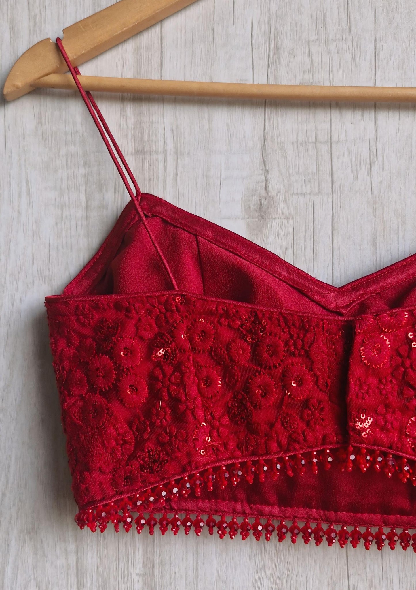Deep Red Embroidered Net Spaghetti Saree Blouse DVBL_487