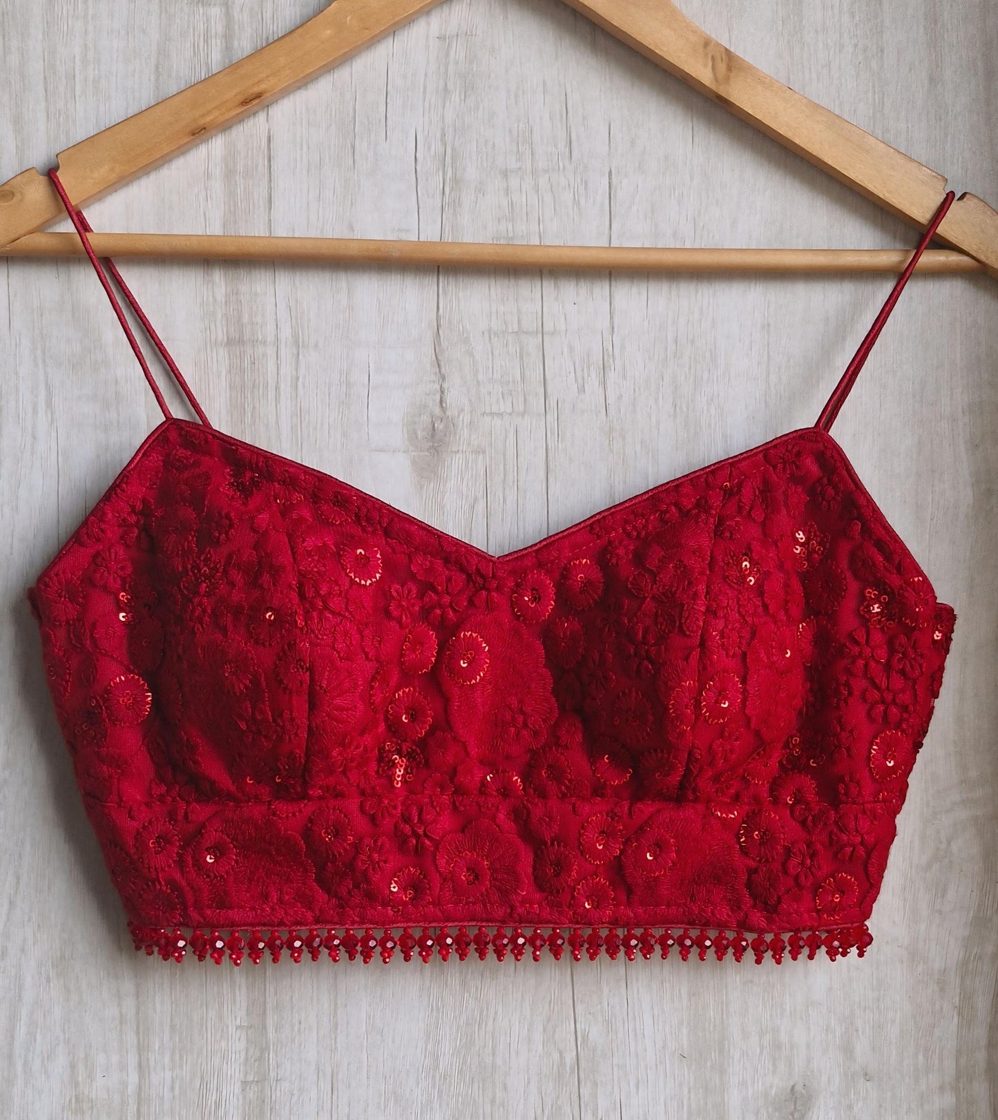 Deep Red Embroidered Net Spaghetti Saree Blouse DVBL_487