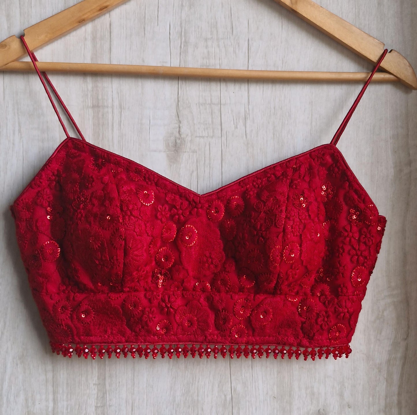 Deep Red Embroidered Net Spaghetti Saree Blouse DVBL_487