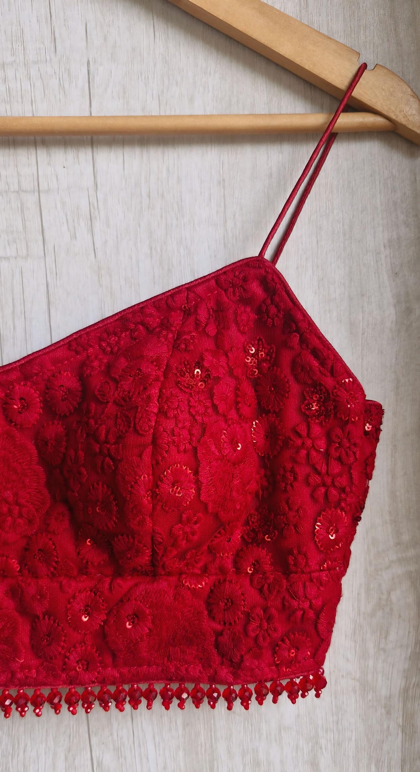 Deep Red Embroidered Net Spaghetti Saree Blouse DVBL_487