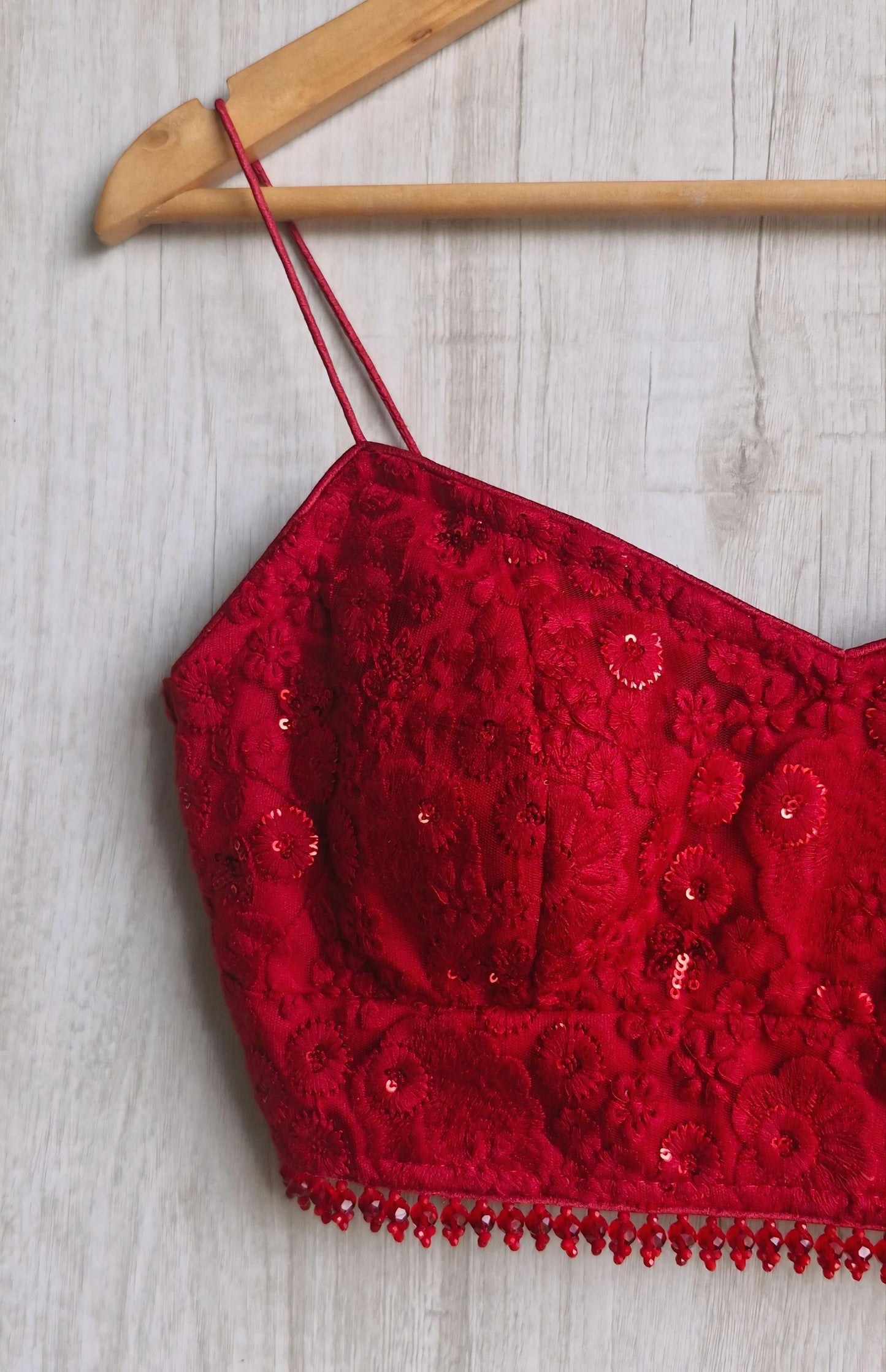 Deep Red Embroidered Net Spaghetti Saree Blouse DVBL_487