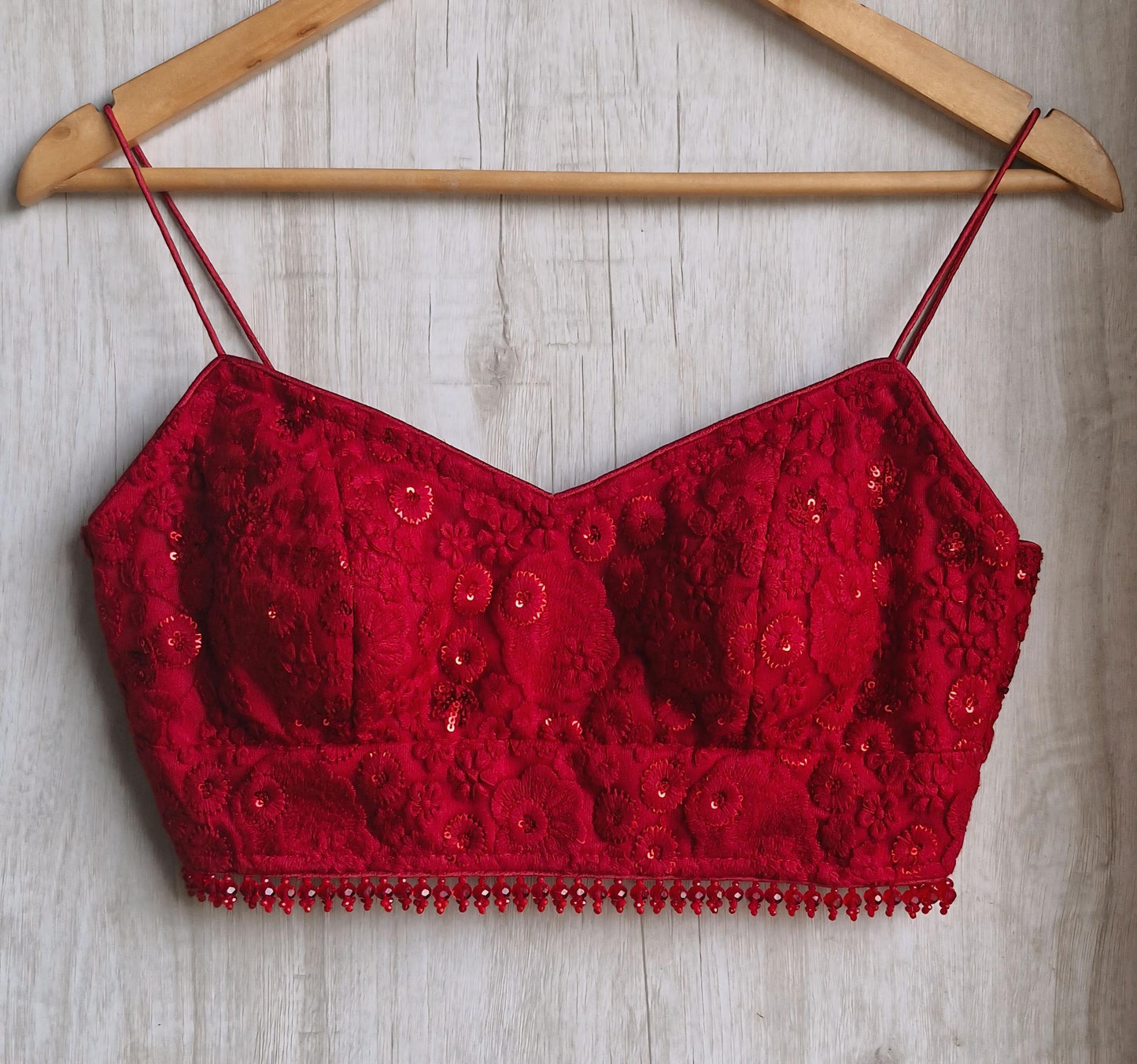 Deep Red Embroidered Net Spaghetti Saree Blouse DVBL_487