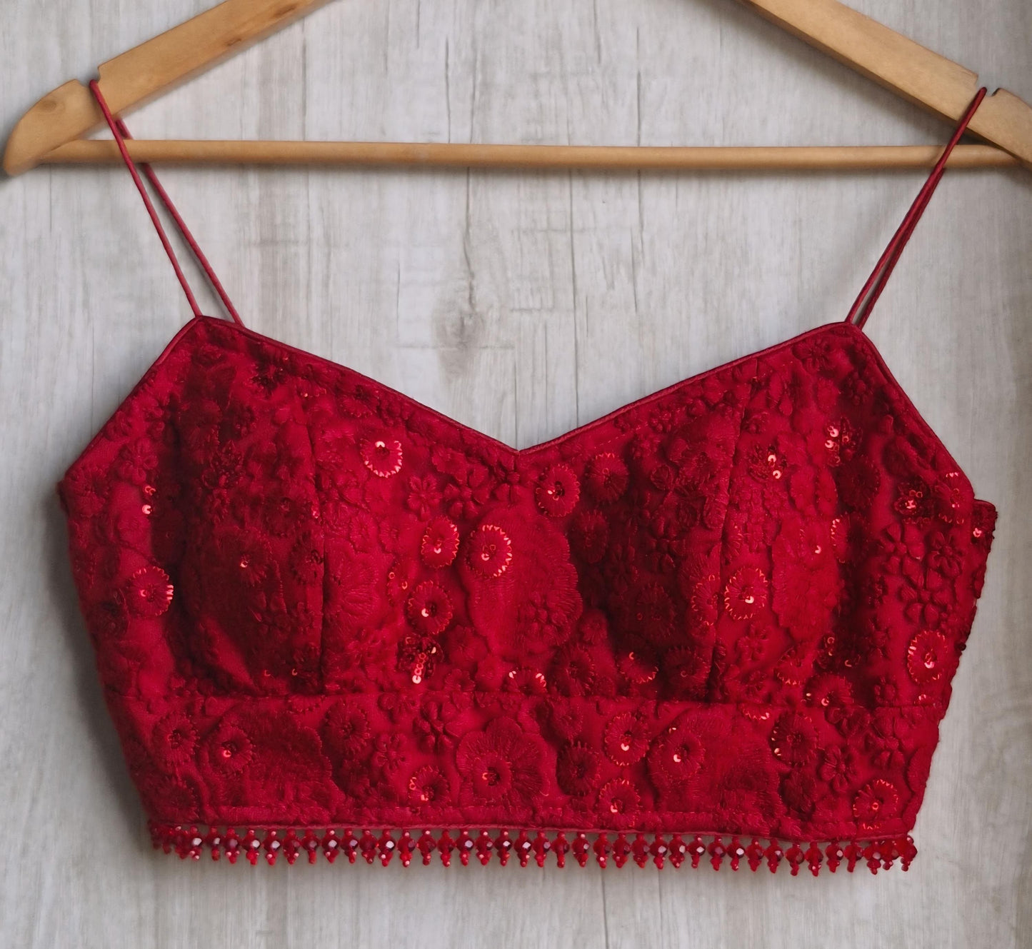 Deep Red Embroidered Net Spaghetti Saree Blouse DVBL_487