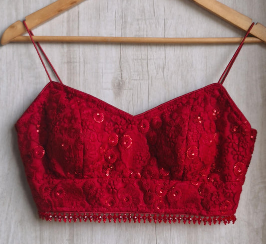 Deep Red Embroidered Net Spaghetti Saree Blouse DVBL_487