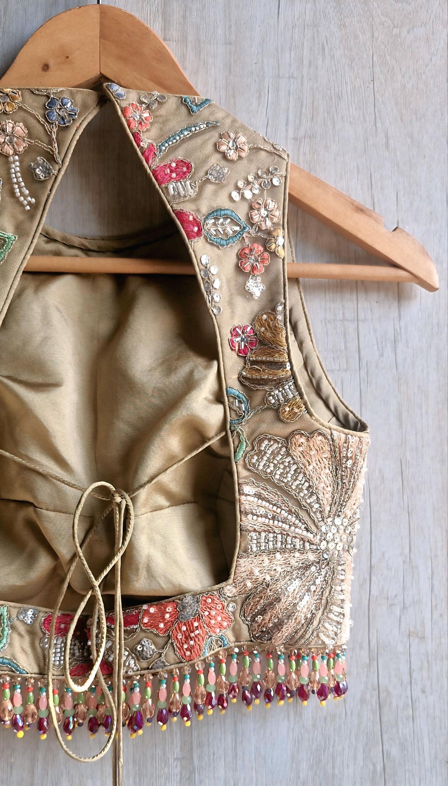 Earthy Taupe Embroidered Saree Blouse, Jewel Neck, Beads Fringes Bridal Lehenga Top DVBL_488