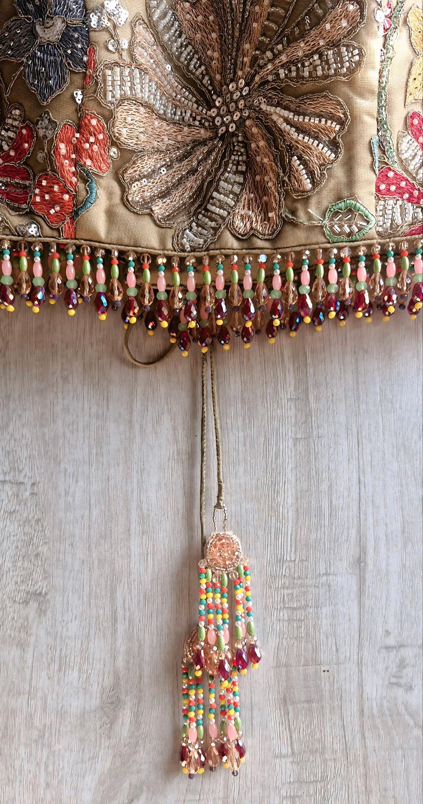 Earthy Taupe Embroidered Saree Blouse, Jewel Neck, Beads Fringes Bridal Lehenga Top DVBL_488