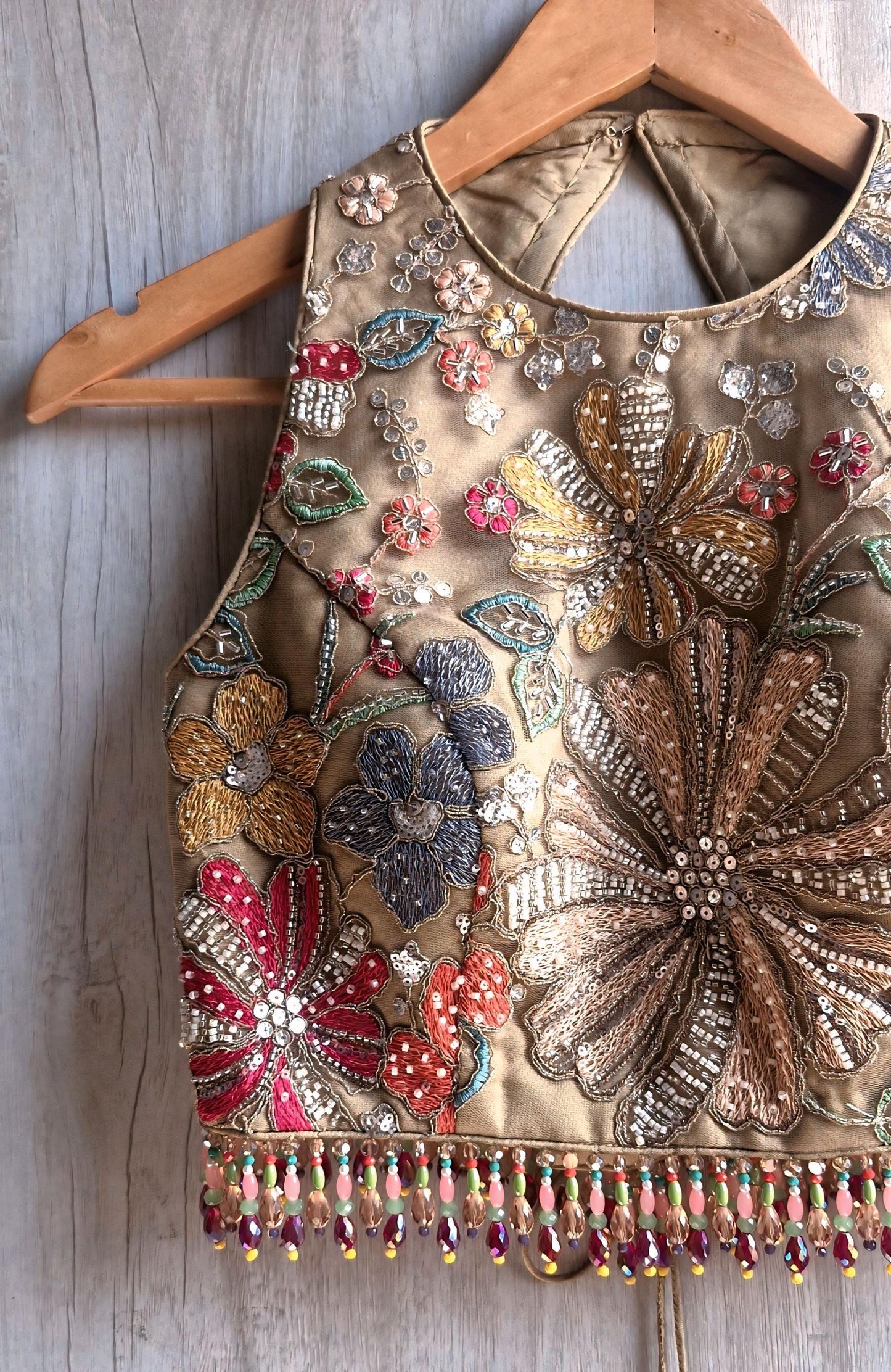 Earthy Taupe Embroidered Saree Blouse, Jewel Neck, Beads Fringes Bridal Lehenga Top DVBL_488