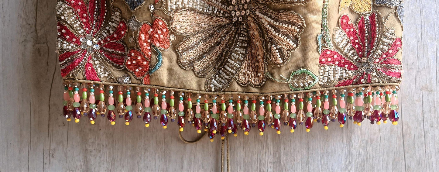 Earthy Taupe Embroidered Saree Blouse, Jewel Neck, Beads Fringes Bridal Lehenga Top DVBL_488