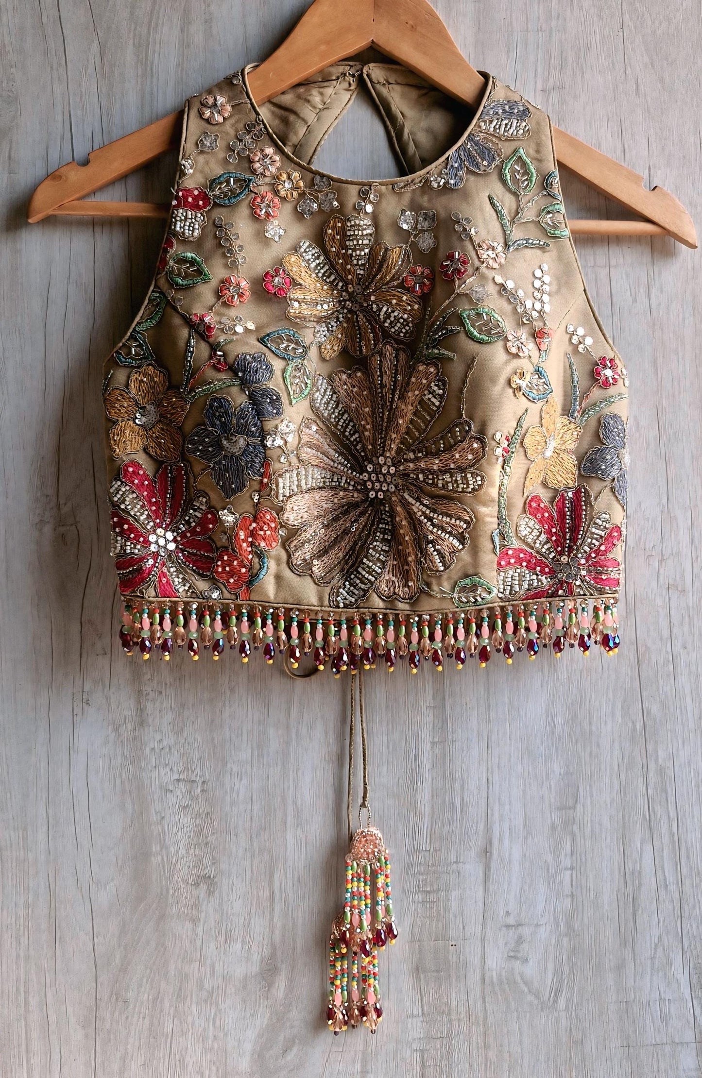 Earthy Taupe Embroidered Saree Blouse, Jewel Neck, Beads Fringes Bridal Lehenga Top DVBL_488
