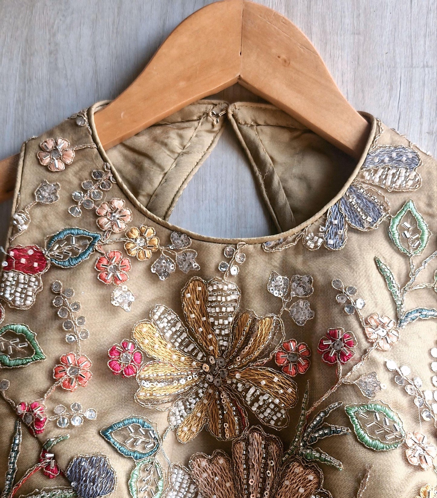 Earthy Taupe Embroidered Saree Blouse, Jewel Neck, Beads Fringes Bridal Lehenga Top DVBL_488