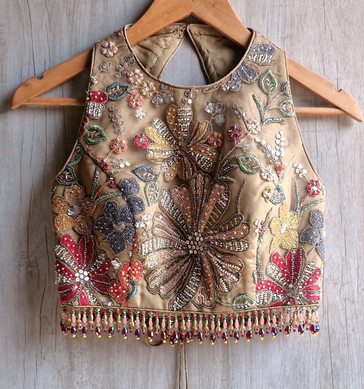 Earthy Taupe Embroidered Saree Blouse, Jewel Neck, Beads Fringes Bridal Lehenga Top DVBL_488