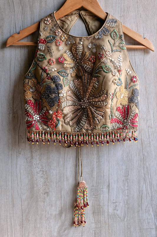 Earthy Taupe Embroidered Saree Blouse, Jewel Neck, Beads Fringes Bridal Lehenga Top DVBL_488