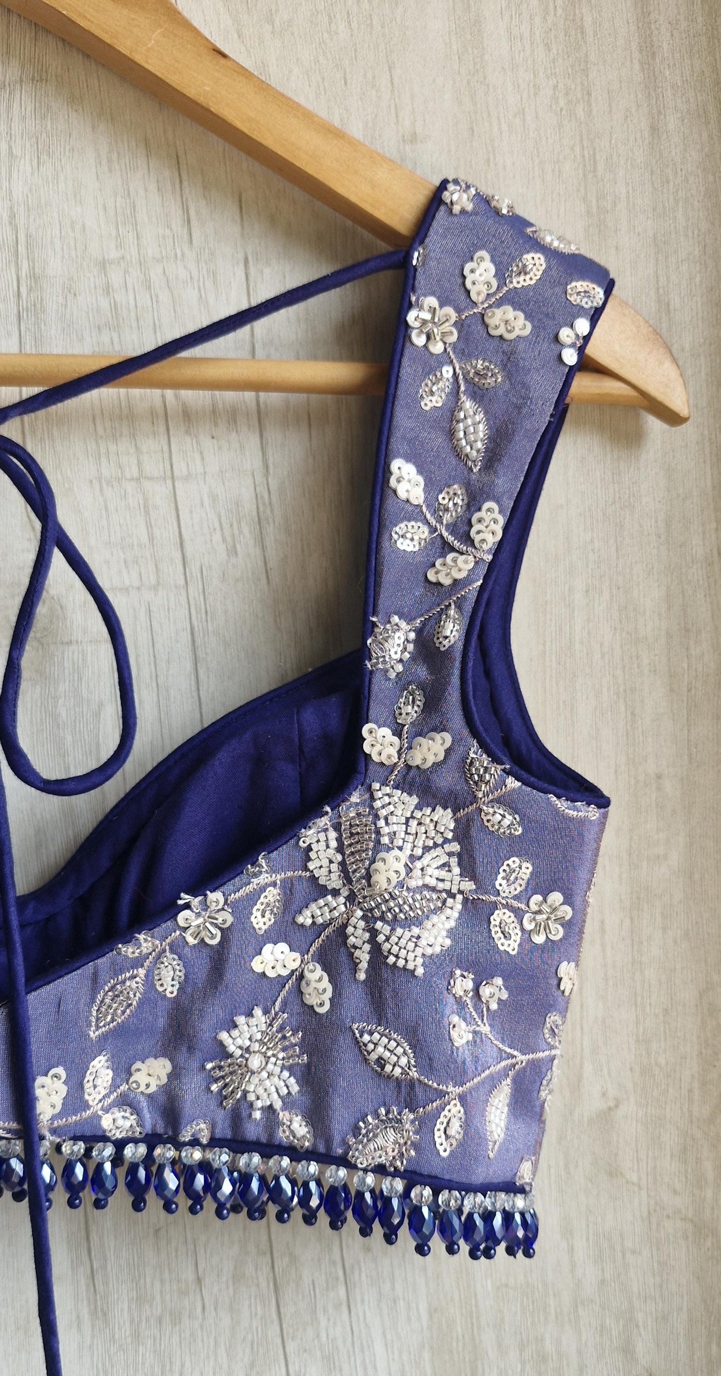 Blue Embroidered Tissue Silk Saree Blouse. Deep Sweetheart Neck Bralette DVBL_489
