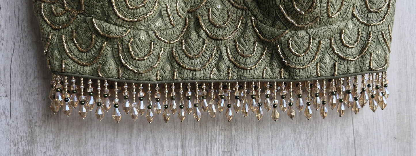 Hand Embroidered Olive Green Saree Blouse, Beaded Fringes, Spaghetti DVBL_483