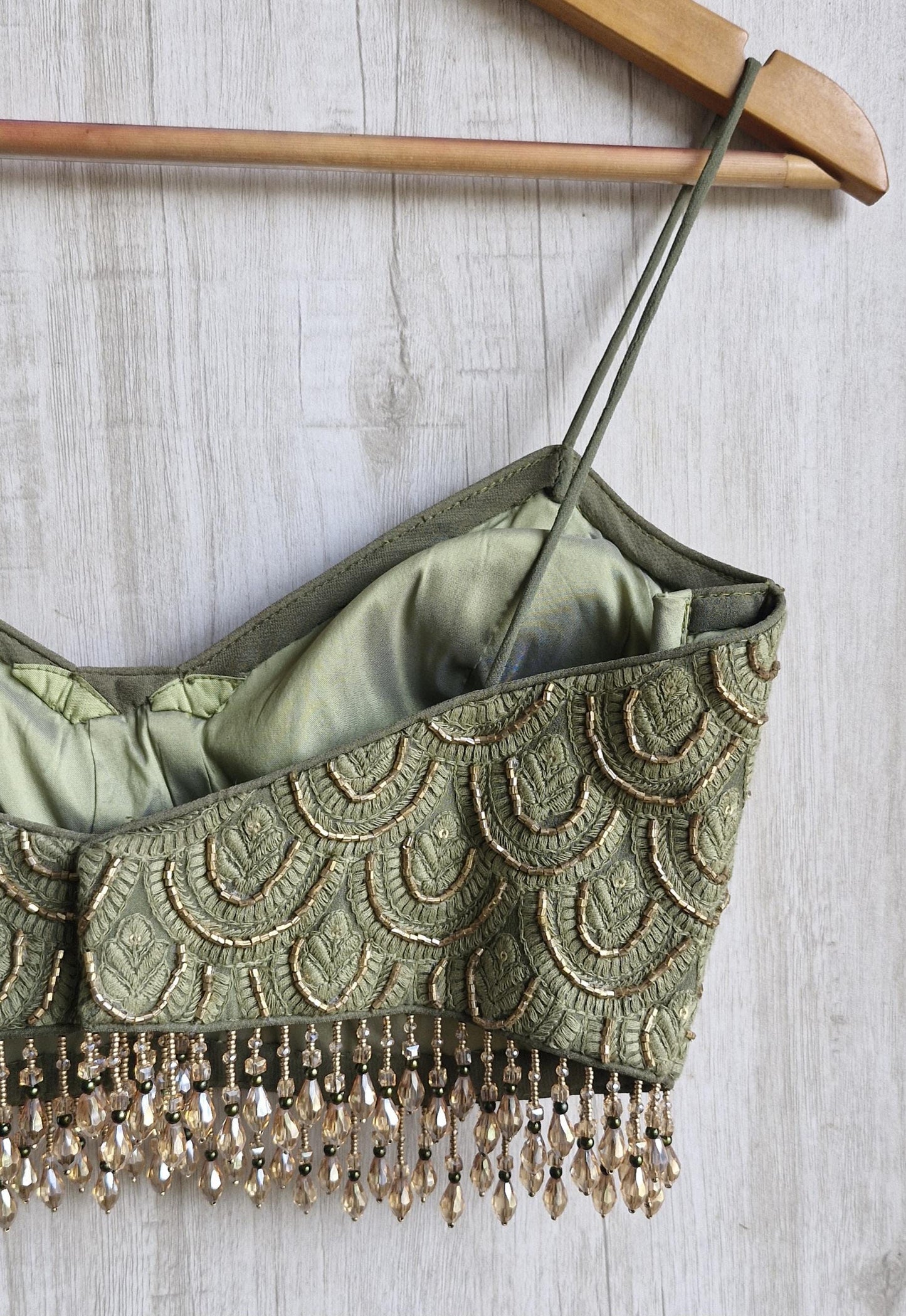 Hand Embroidered Olive Green Saree Blouse, Beaded Fringes, Spaghetti DVBL_483