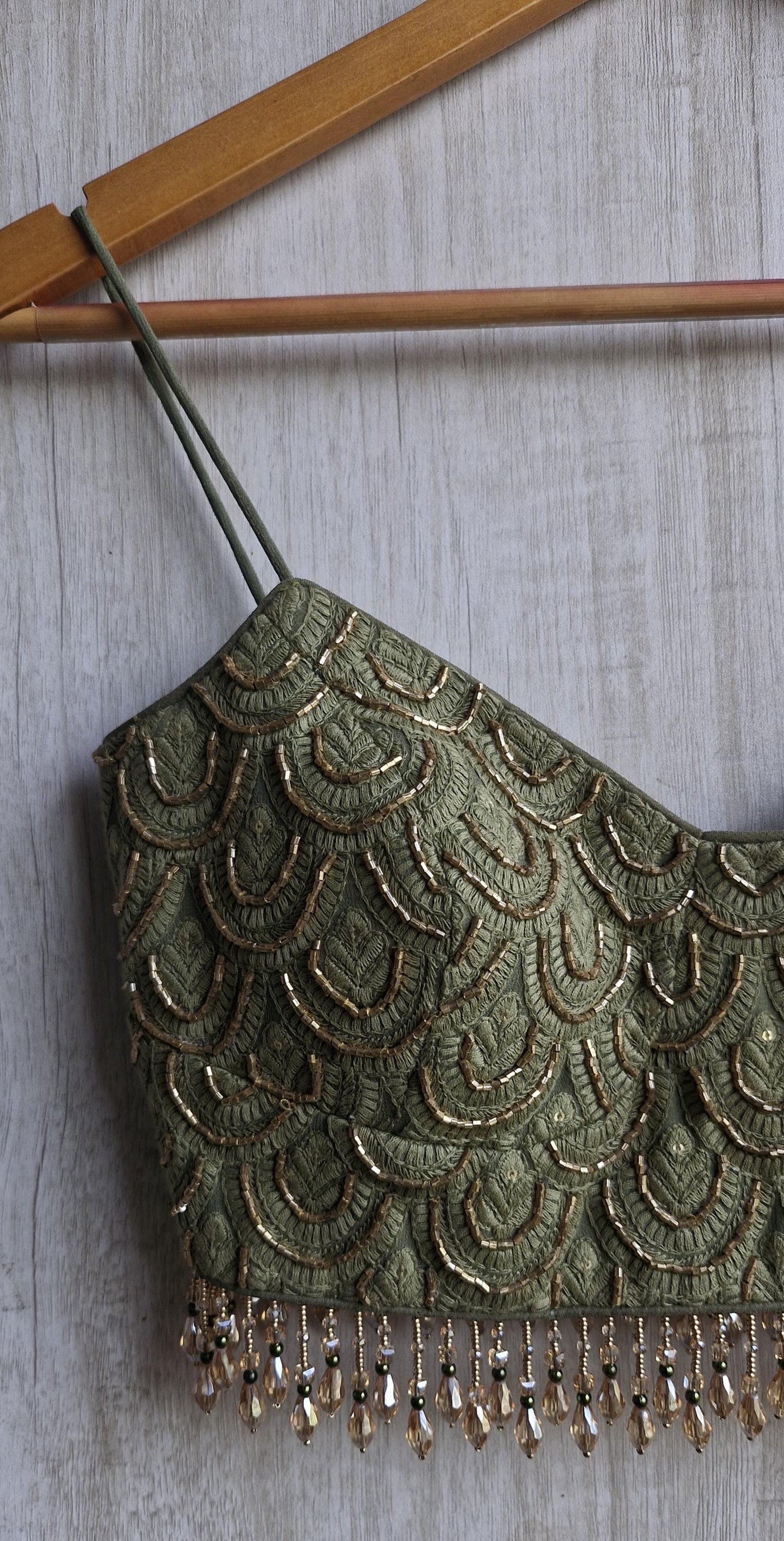 Hand Embroidered Olive Green Saree Blouse, Beaded Fringes, Spaghetti DVBL_483