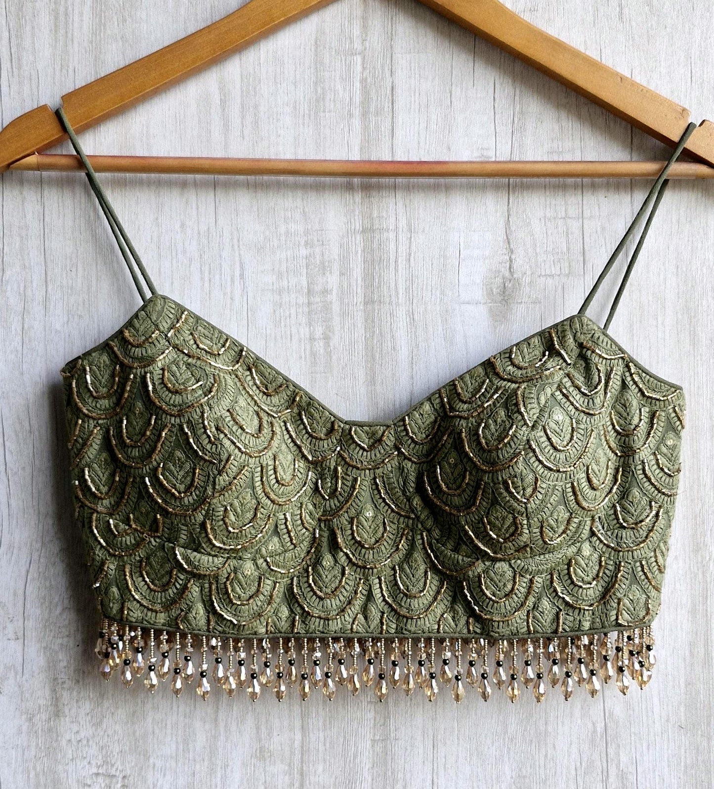 Hand Embroidered Olive Green Saree Blouse, Beaded Fringes, Spaghetti DVBL_483