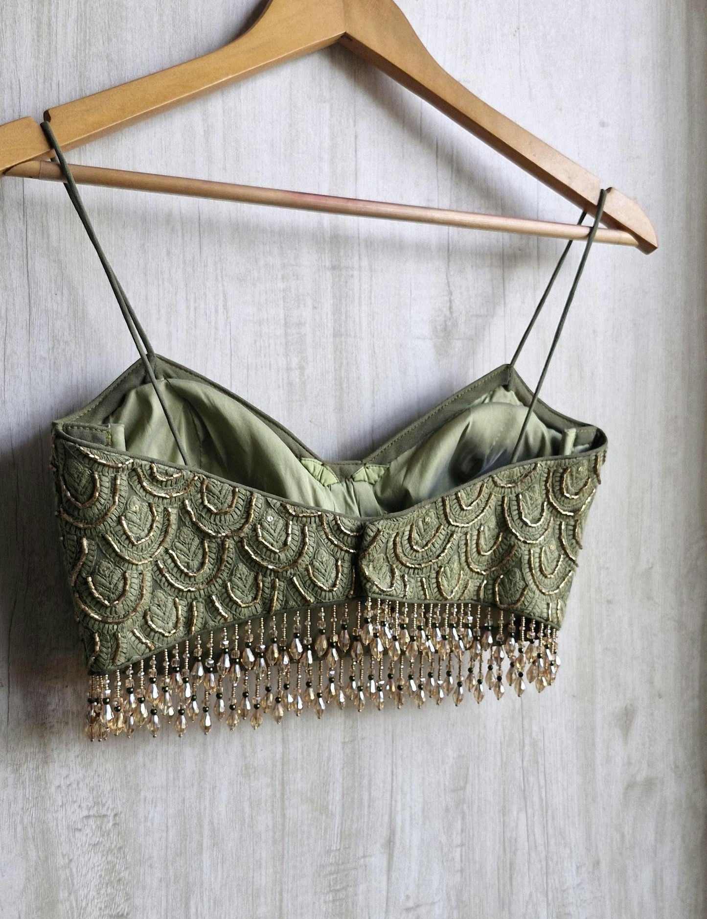 Hand Embroidered Olive Green Saree Blouse, Beaded Fringes, Spaghetti DVBL_483