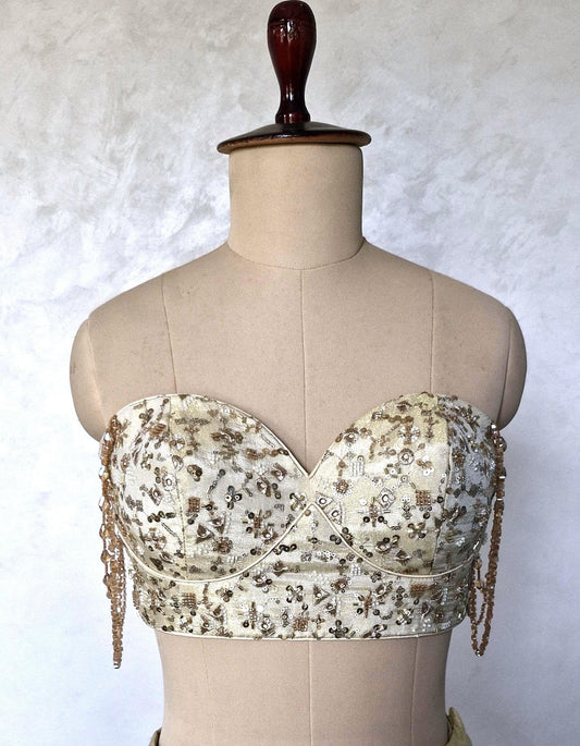 Champagne Gold Embroidered Tissue Silk Saree Blouse, Strapless DVBL_484
