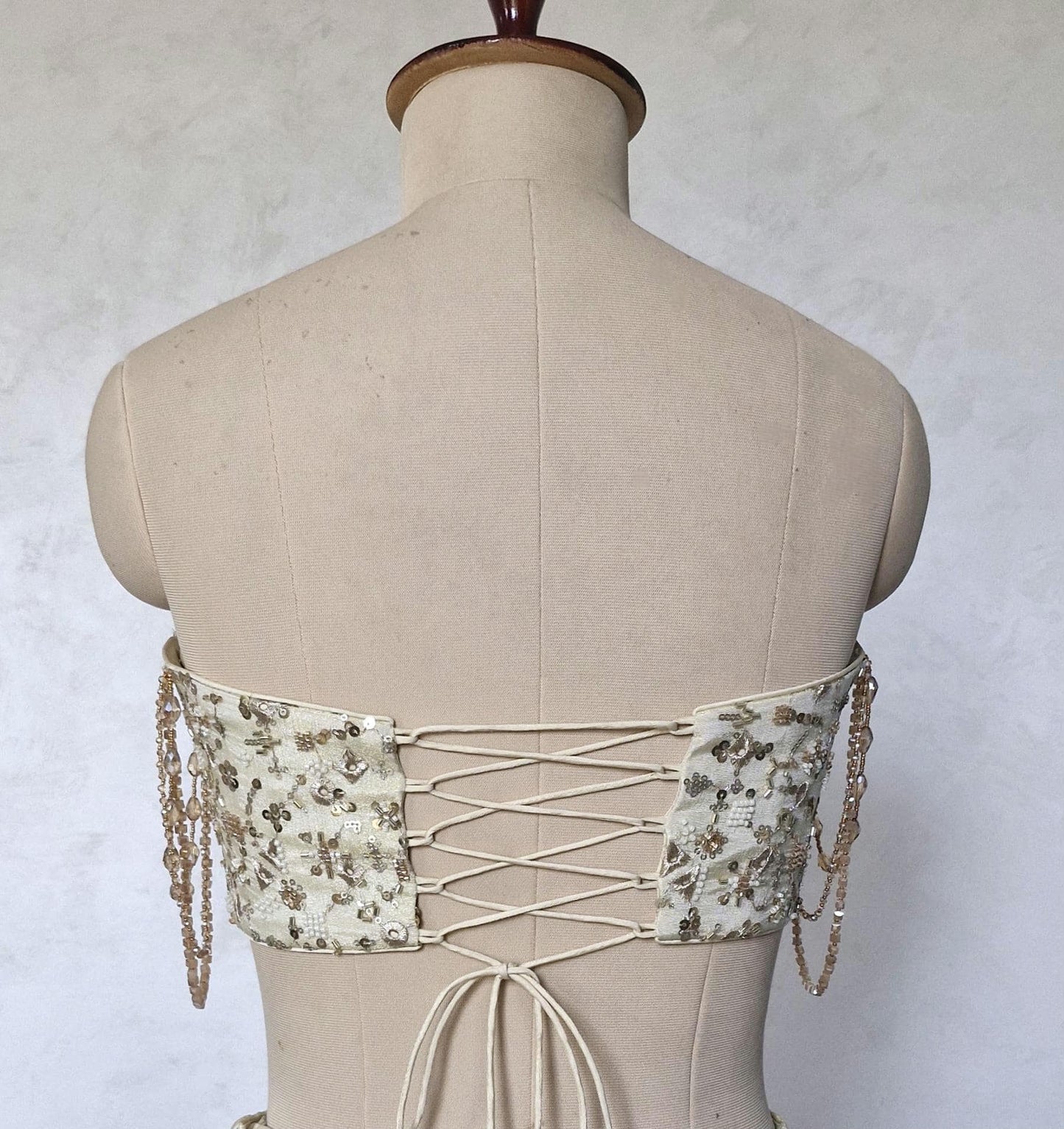 Champagne Gold Embroidered Tissue Silk Saree Blouse, Strapless DVBL_484