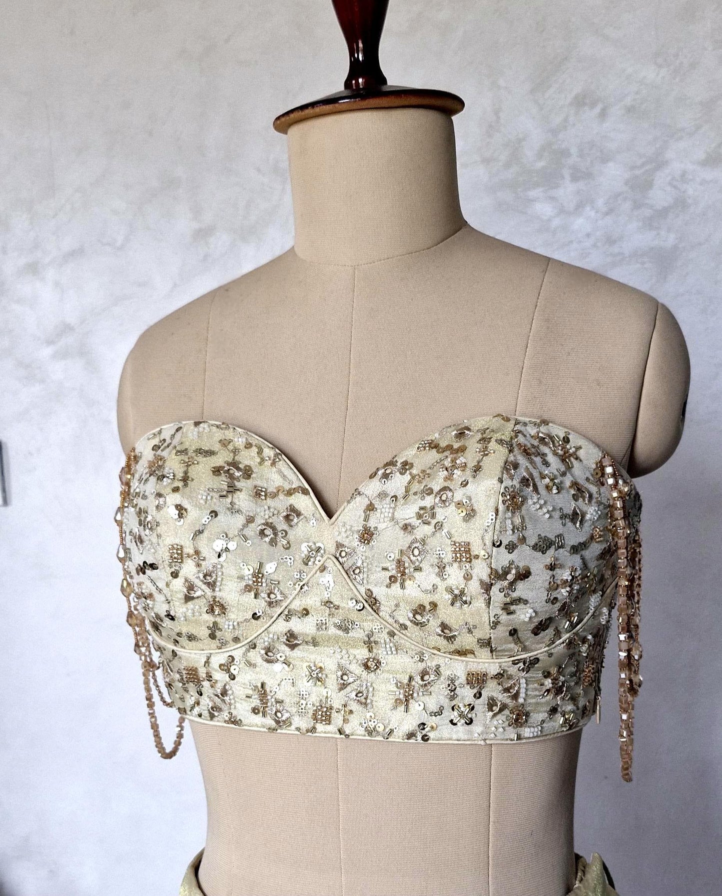 Champagne Gold Embroidered Tissue Silk Saree Blouse, Strapless DVBL_484