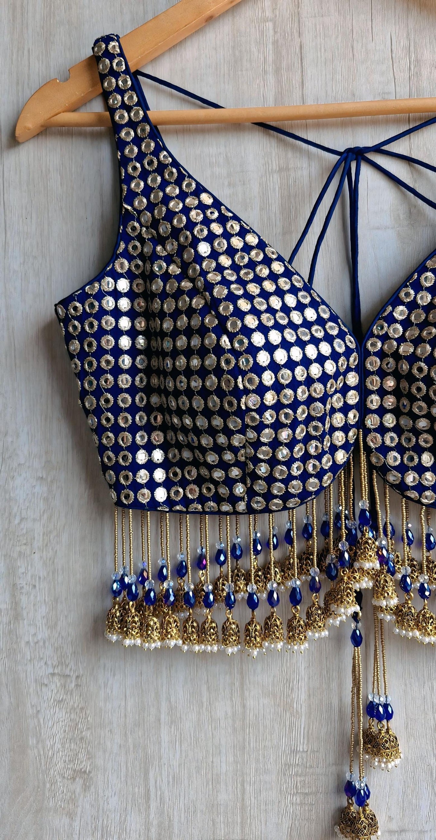 Deep Blue Embroidered Georgette Saree Blouse, Deep V Neck, Jhumka Fringes DVBL_490