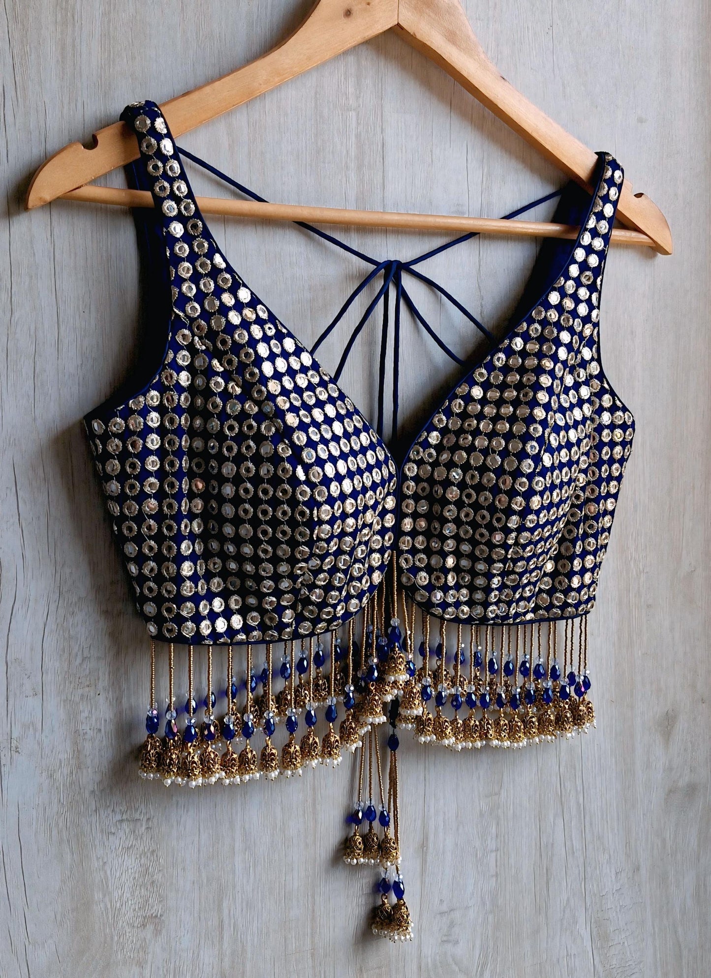 Deep Blue Embroidered Georgette Saree Blouse, Deep V Neck, Jhumka Fringes DVBL_490
