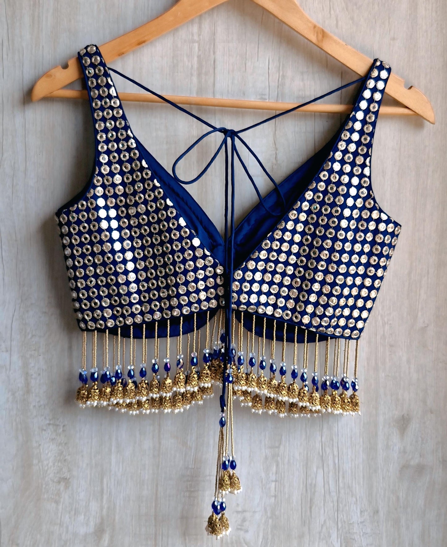 Deep Blue Embroidered Georgette Saree Blouse, Deep V Neck, Jhumka Fringes DVBL_490