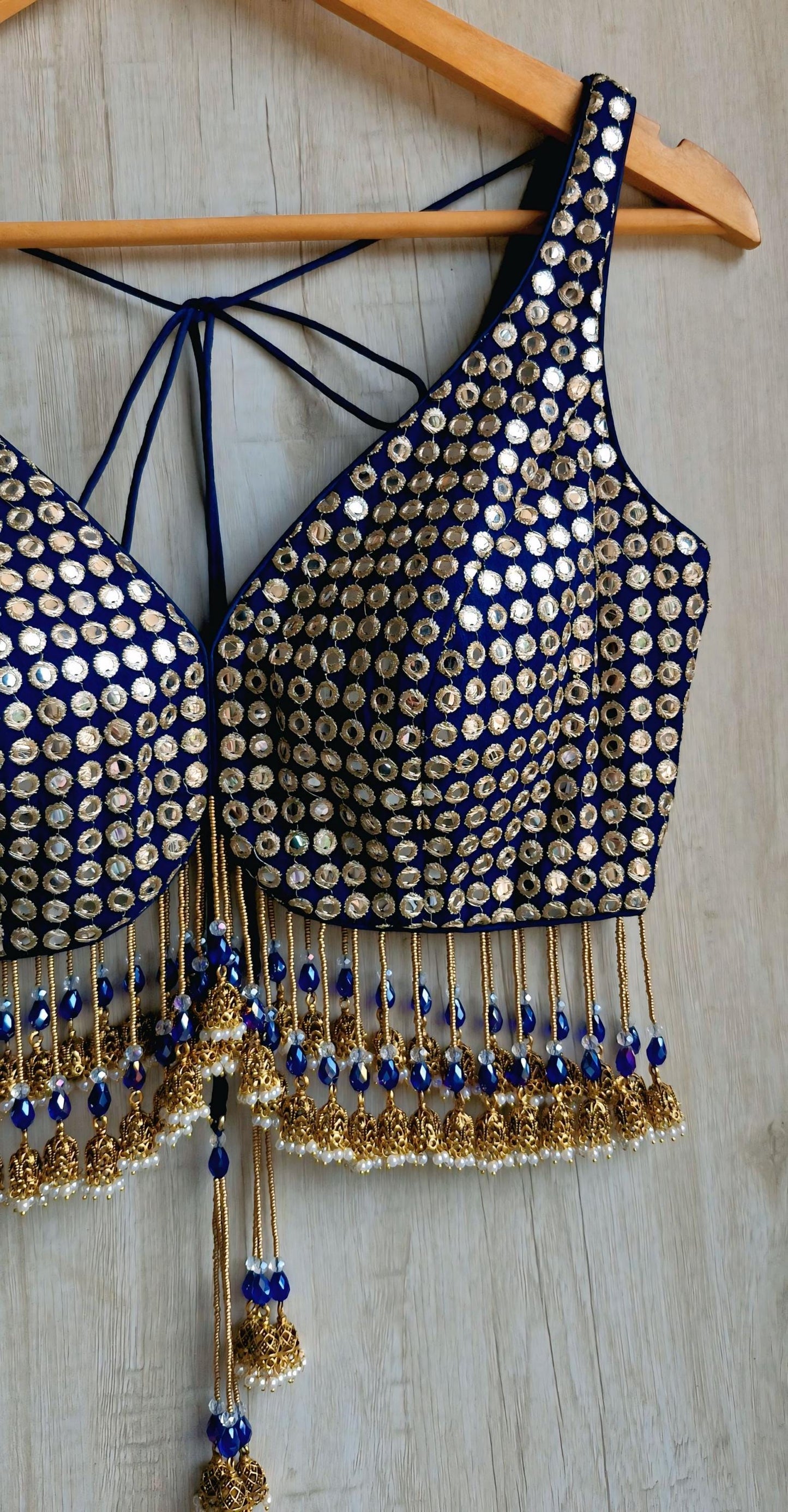Deep Blue Embroidered Georgette Saree Blouse, Deep V Neck, Jhumka Fringes DVBL_490