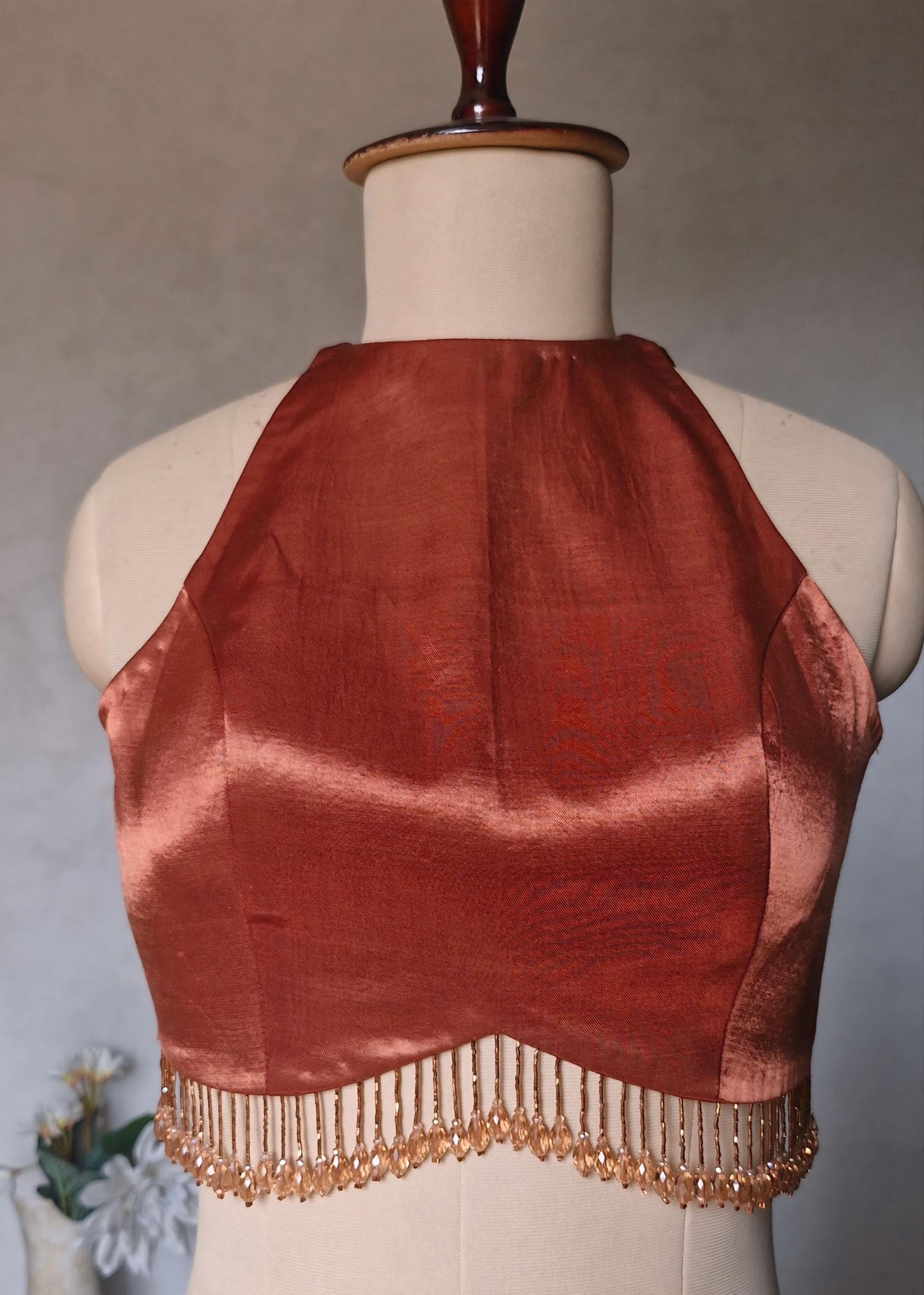 Dark Rust Gajji Silk Saree Blouse, Jewel Neck, Backless DVBL_491