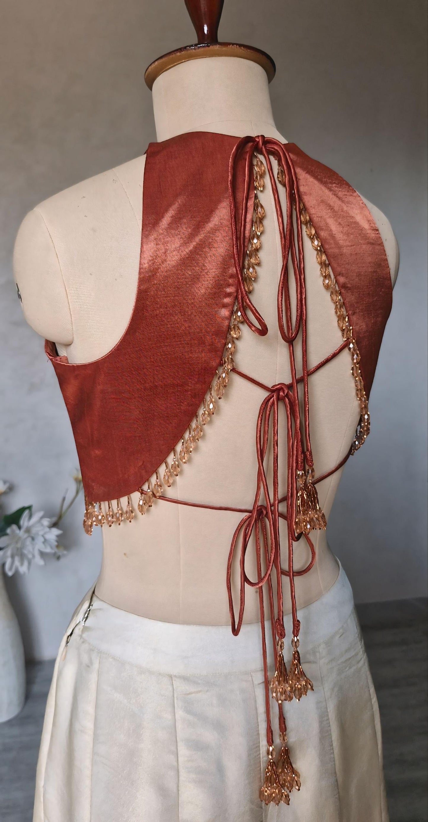 Dark Rust Gajji Silk Saree Blouse, Jewel Neck, Backless DVBL_491