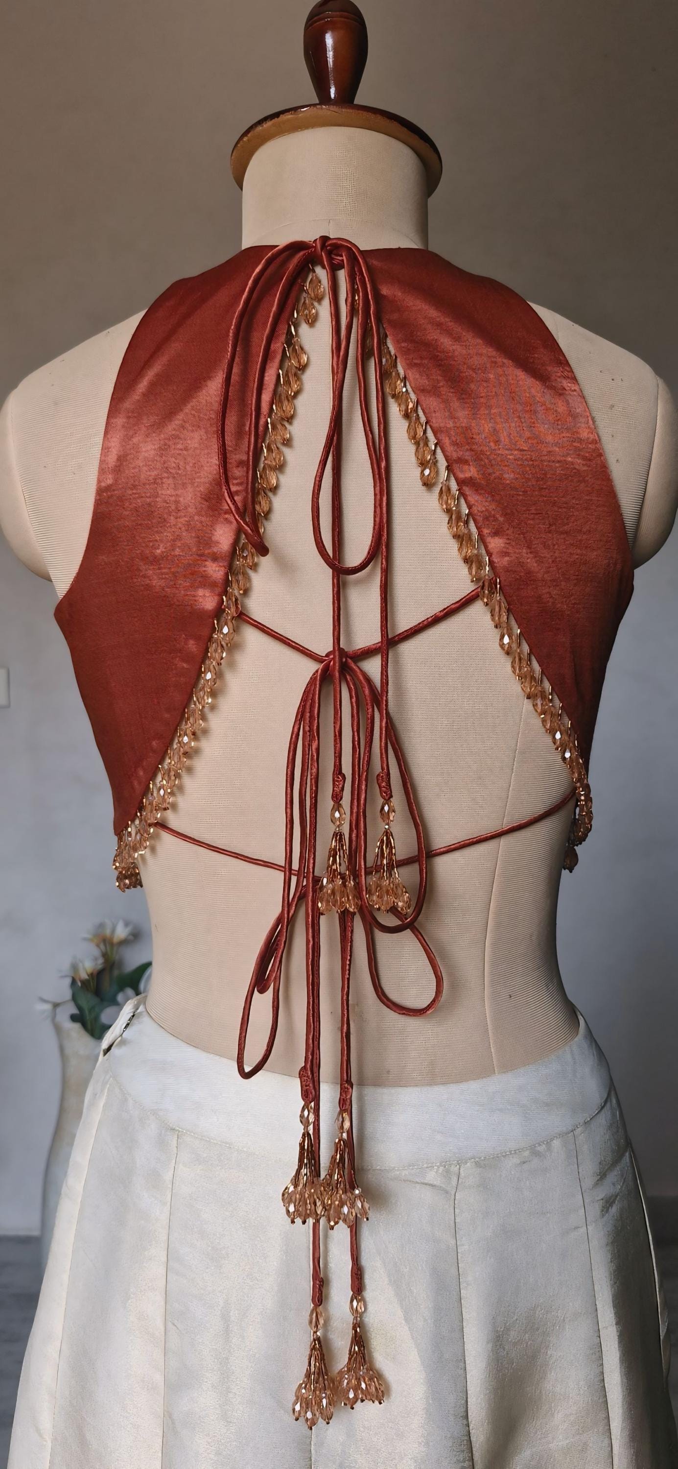 Dark Rust Gajji Silk Saree Blouse, Jewel Neck, Backless DVBL_491