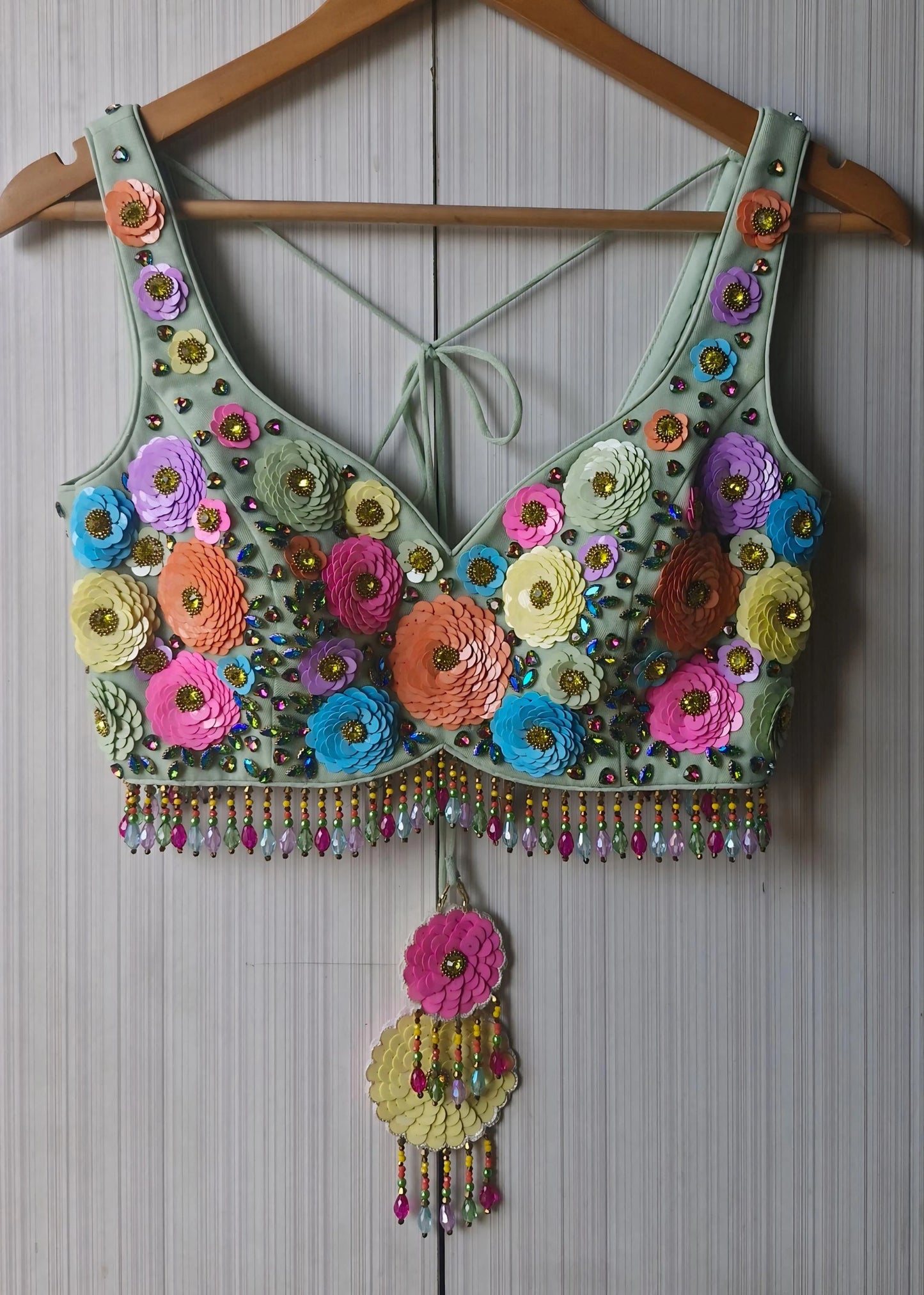 Hand Embroidered Mint Green Blouse, Multicolor Floral, Deep Sweetheart Neck DVBL_492