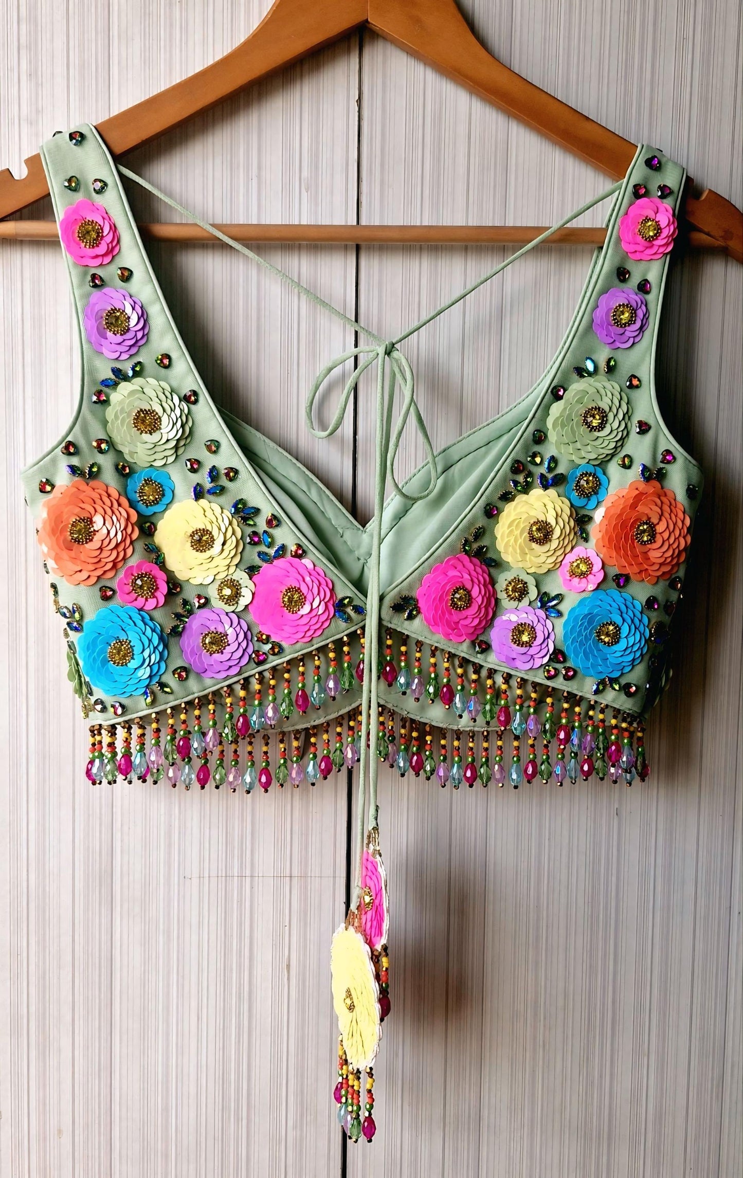 Hand Embroidered Mint Green Blouse, Multicolor Floral, Deep Sweetheart Neck DVBL_492