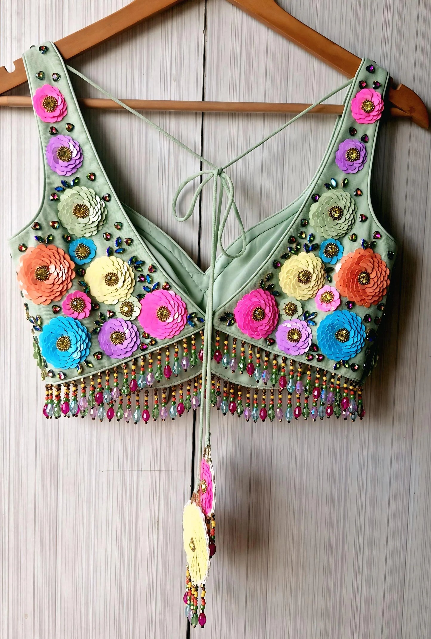 Hand Embroidered Mint Green Blouse, Multicolor Floral, Deep Sweetheart Neck DVBL_492